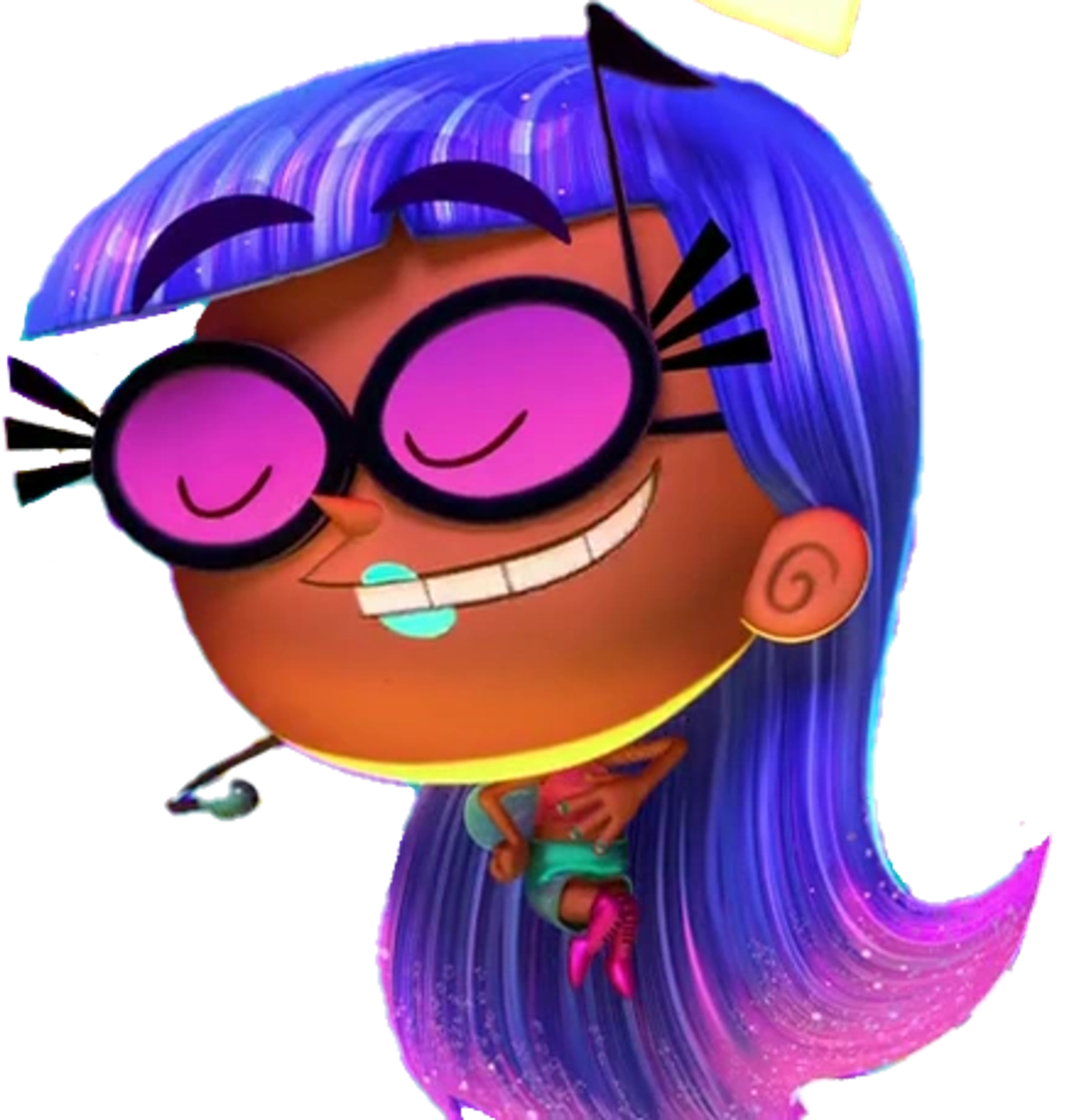 Purple-haired fairy with glasses in a pink and cyan outfit