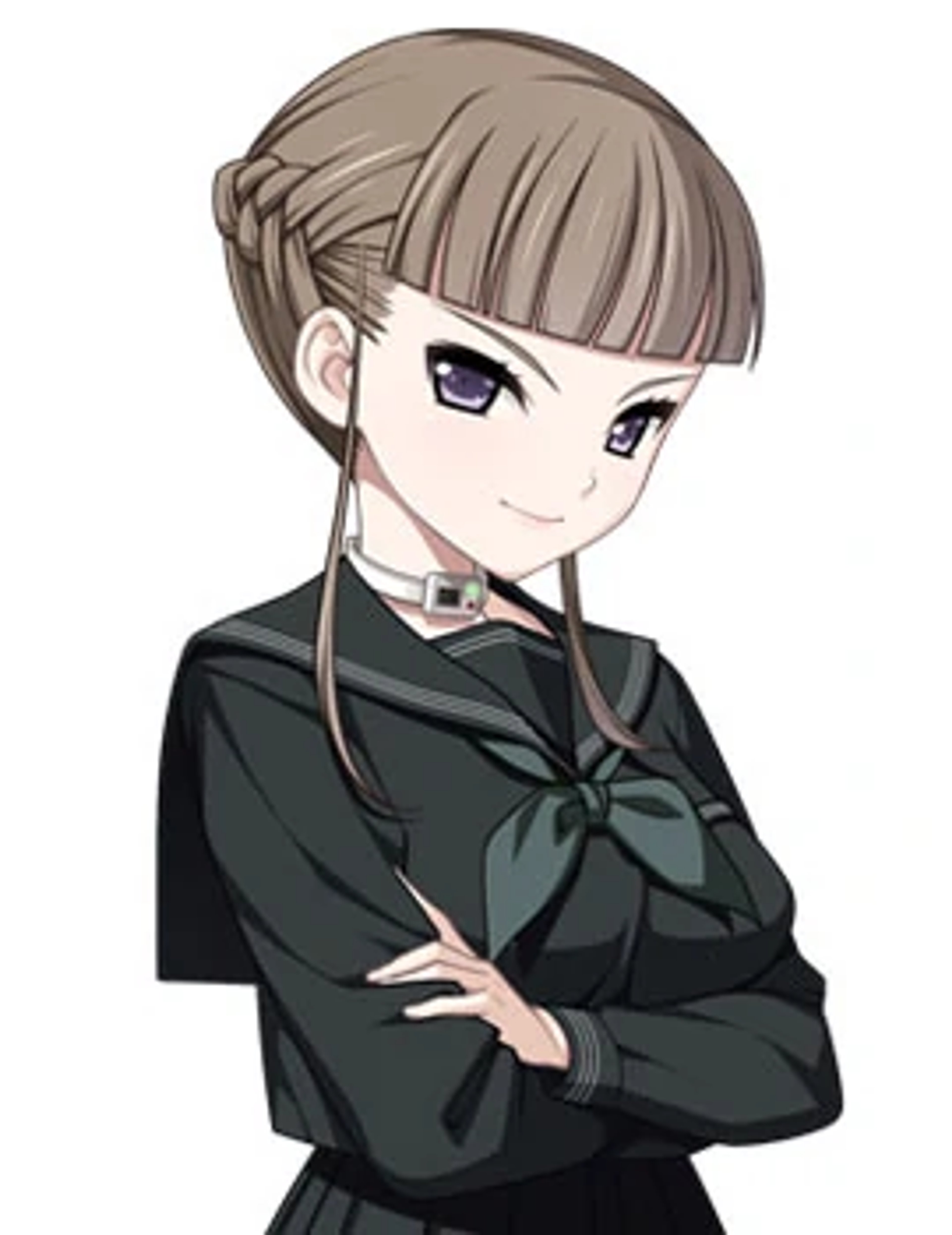 A young woman in a school uniform with a serious expression