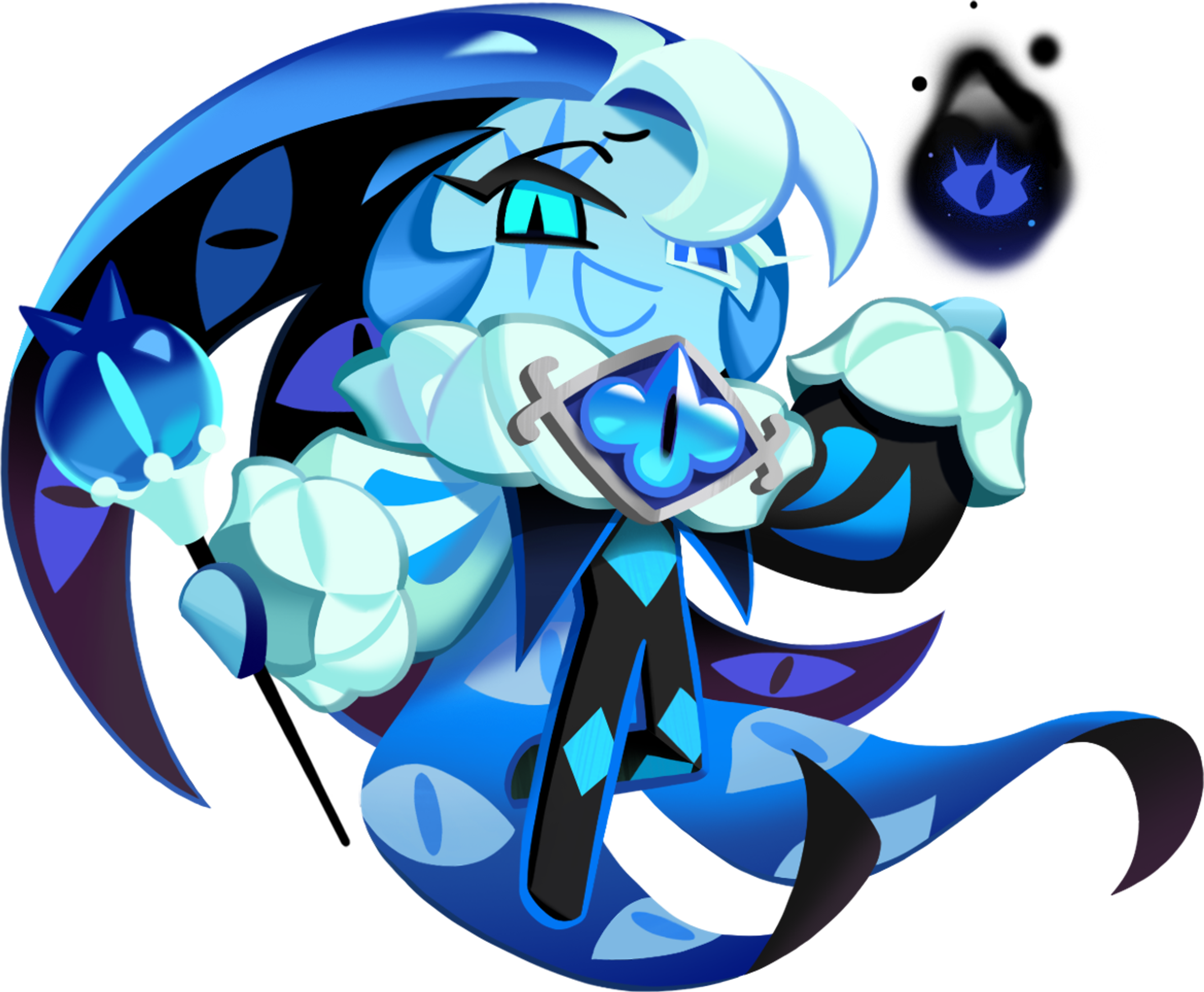 A detailed, fantastical character with blue and white coloring and abstract, swirling patterns covering its body.