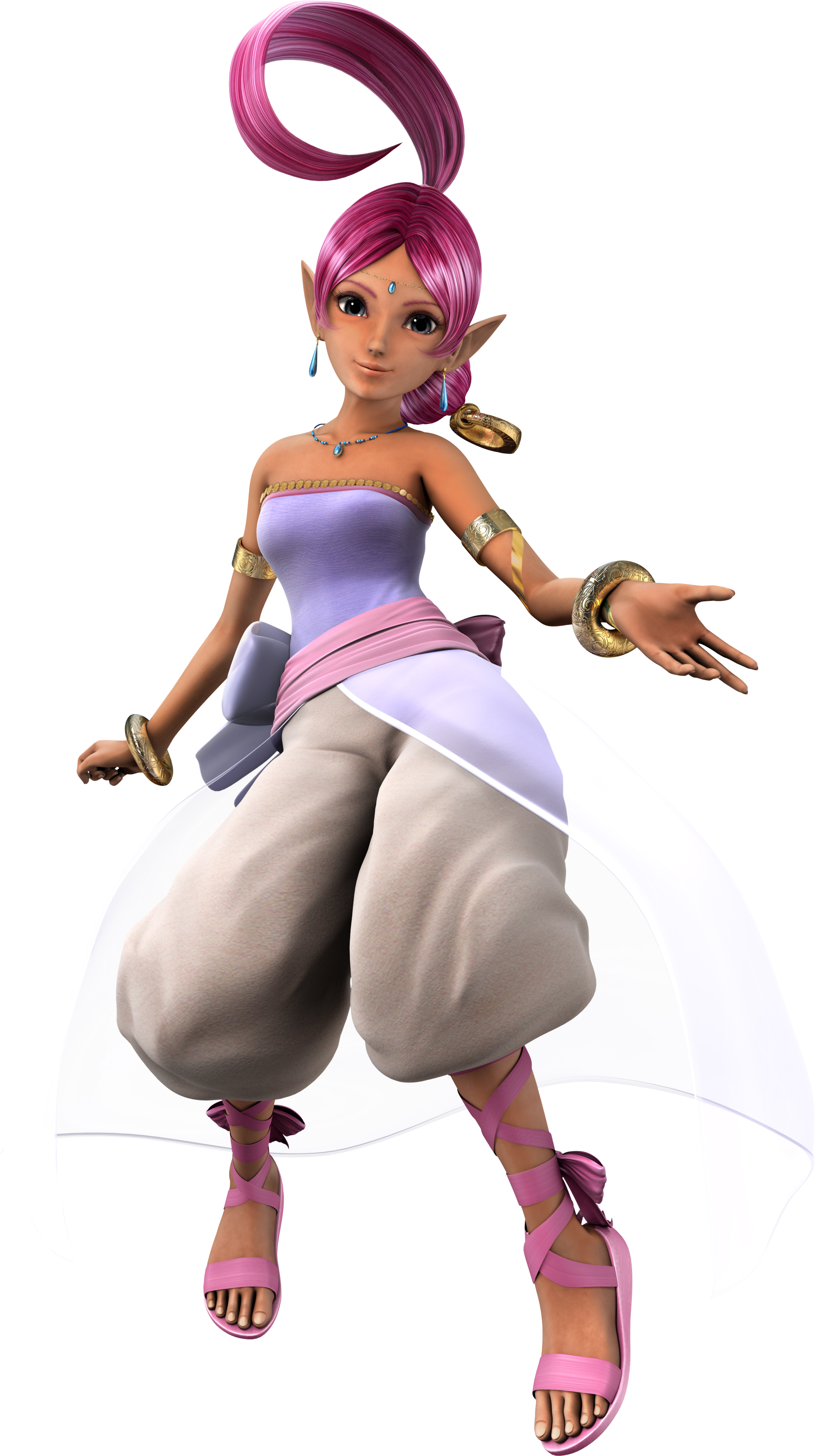 An attractive female genie character with tan skin, gray eyes, pointed ears, and magenta hair in a bun and ponytail, wearing a lavender top and white pants.