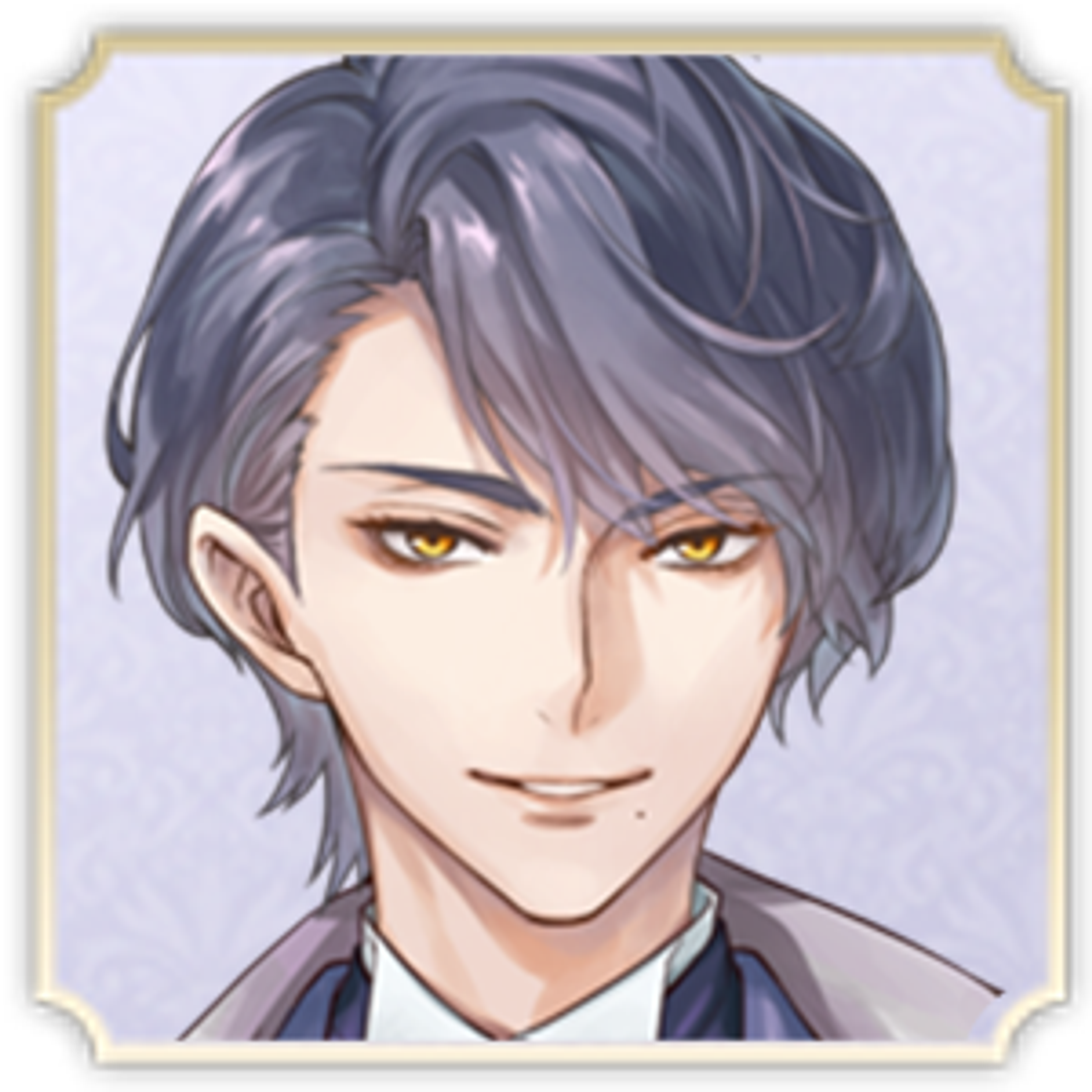 A man with ashy-purple hair and golden eyes, with a birthmark below his lip.