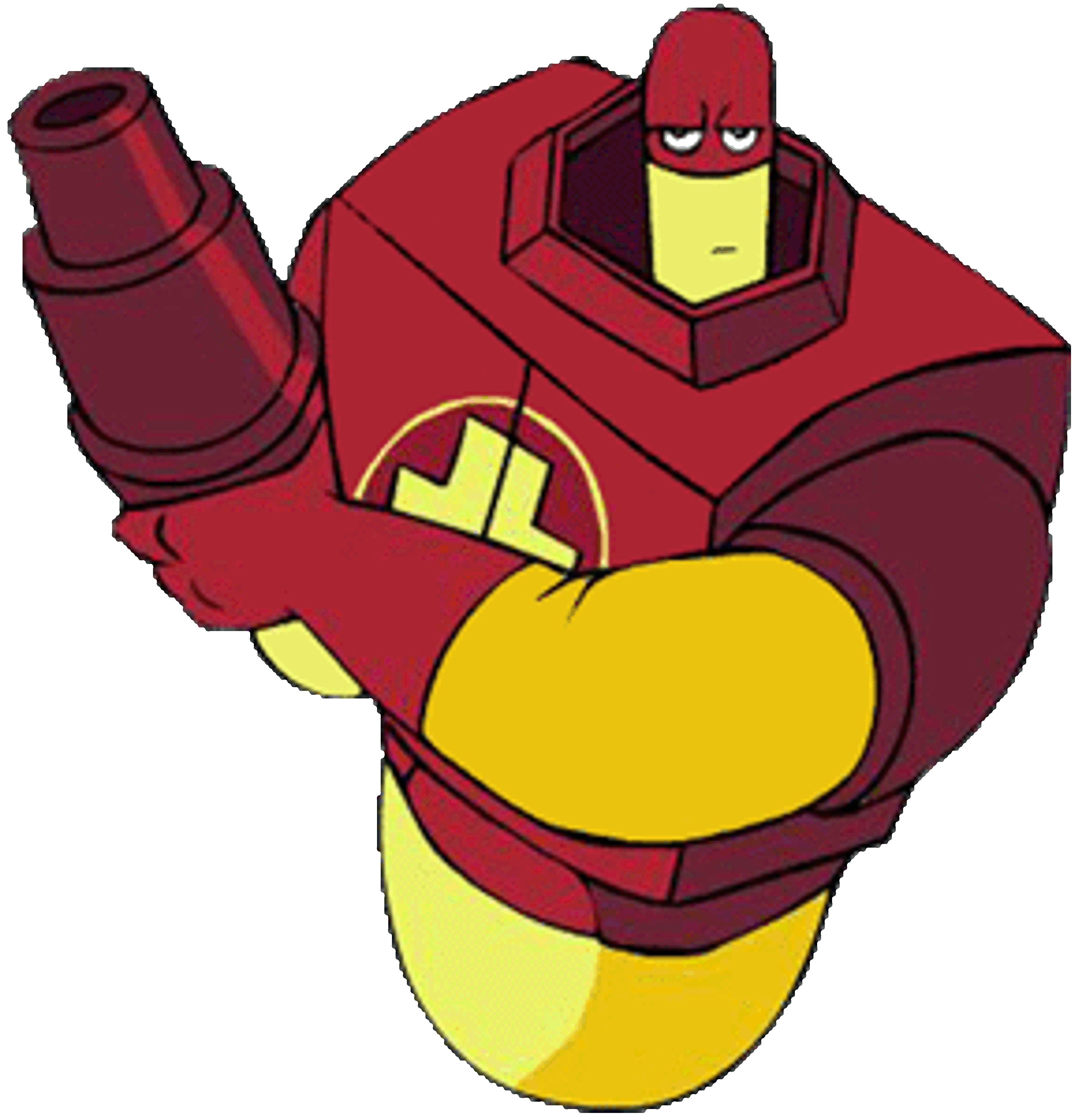 An anthropomorphic red and yellow robot-like character with a large head and cylindrical body