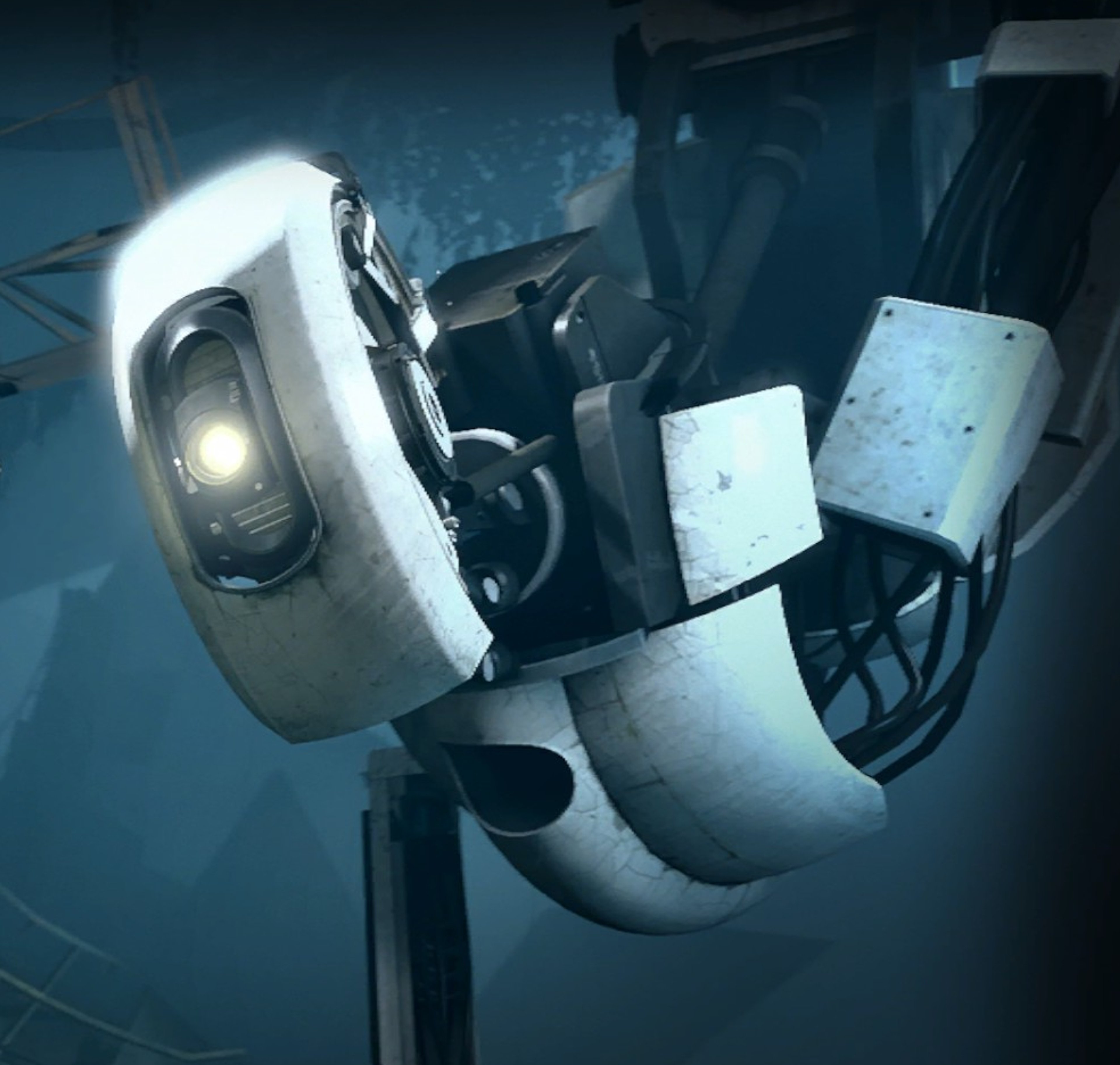 A detailed view of the character GLaDOS, an AI robot from the Portal video game series.