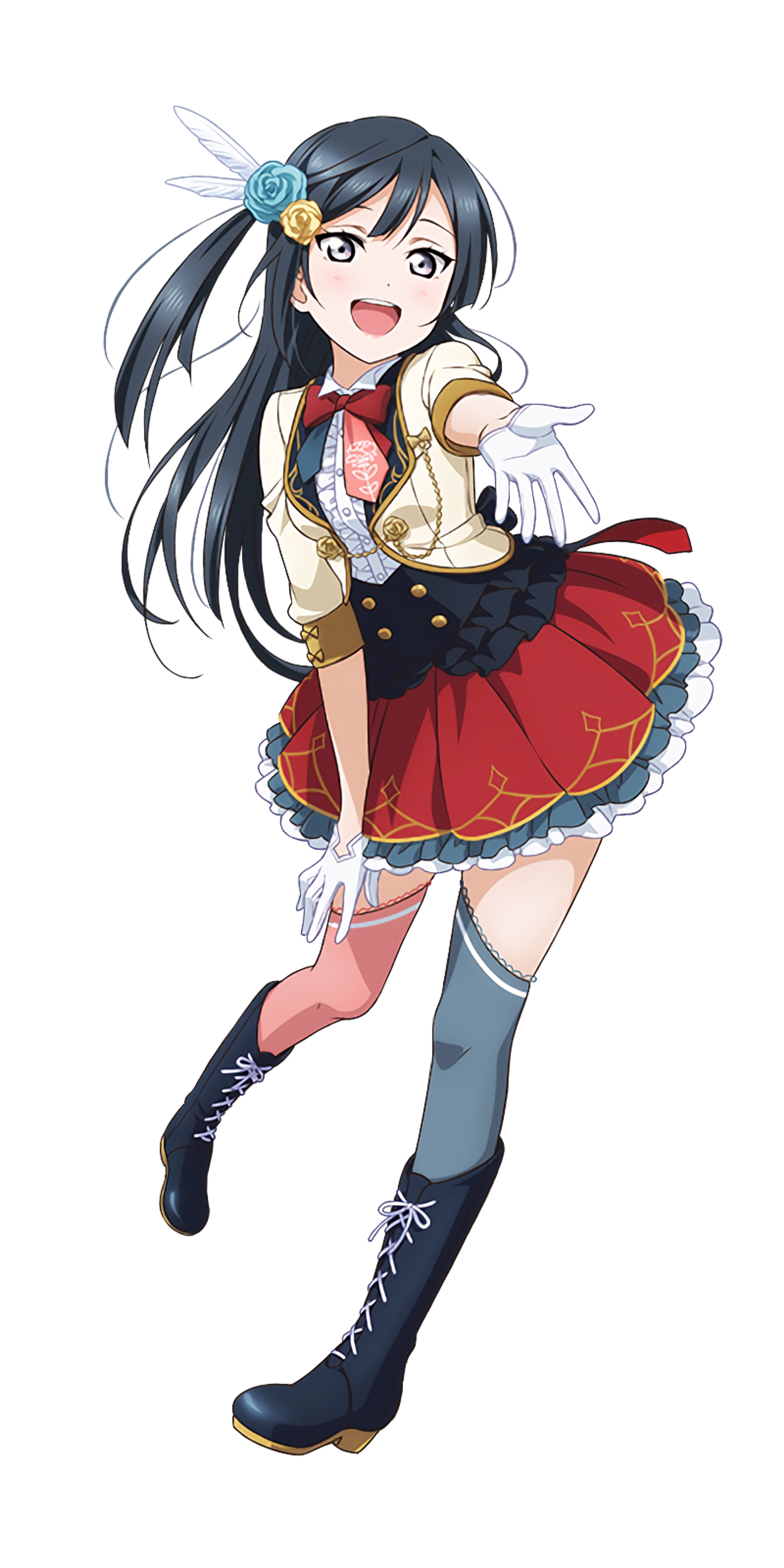 An anime-style character with long bluish-gray hair, light gray eyes, and a slim figure, wearing a red skirt, black thigh-high socks, and a white blouse with a red bow tie.