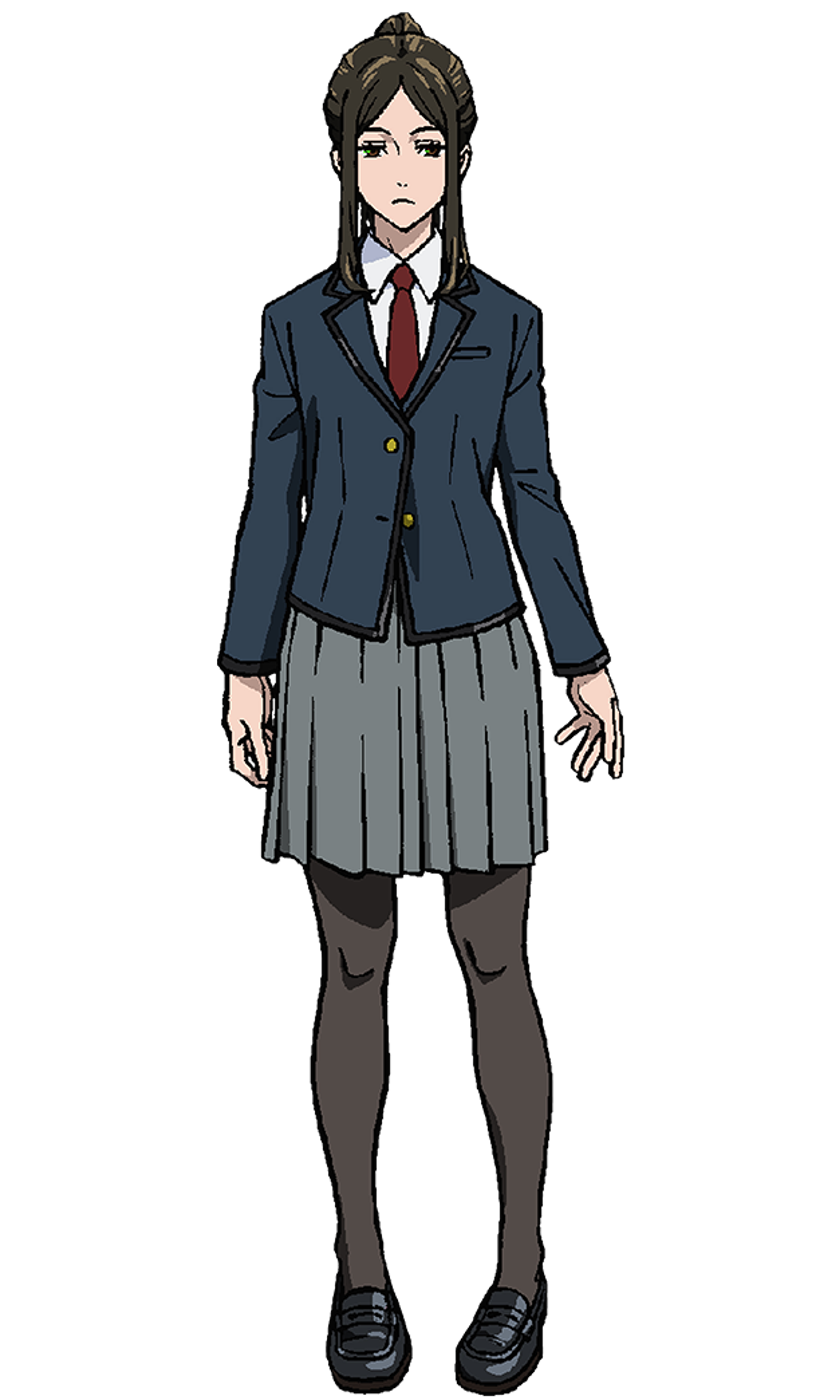 A young woman in a school uniform with a serious expression