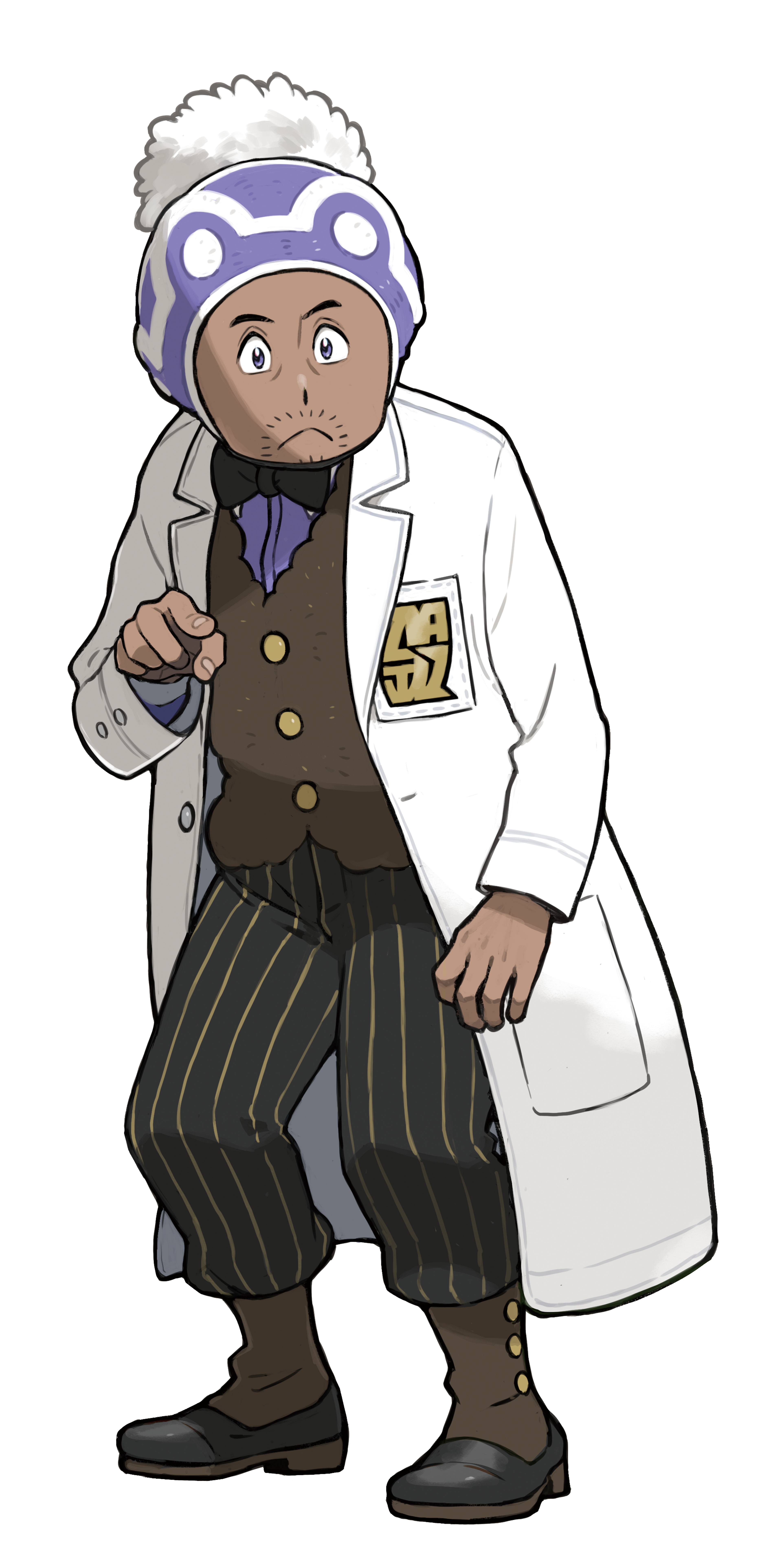 An animated character wearing a white lab coat, with a friendly, somewhat scattered expression.