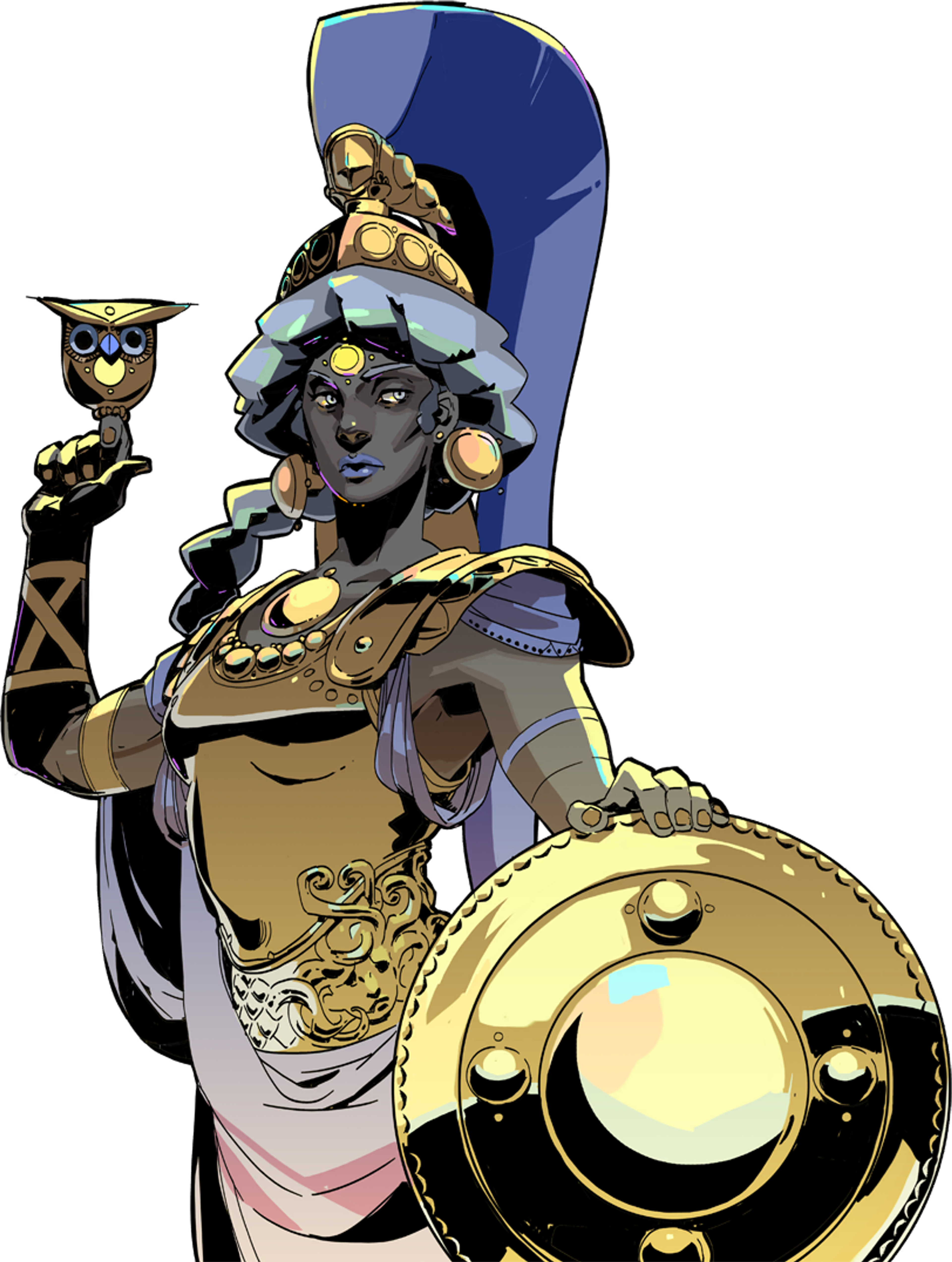 An illustration of the Greek goddess Athena, the goddess of wisdom and strategic warfare, wearing ornate golden armor and holding a shield and spear.