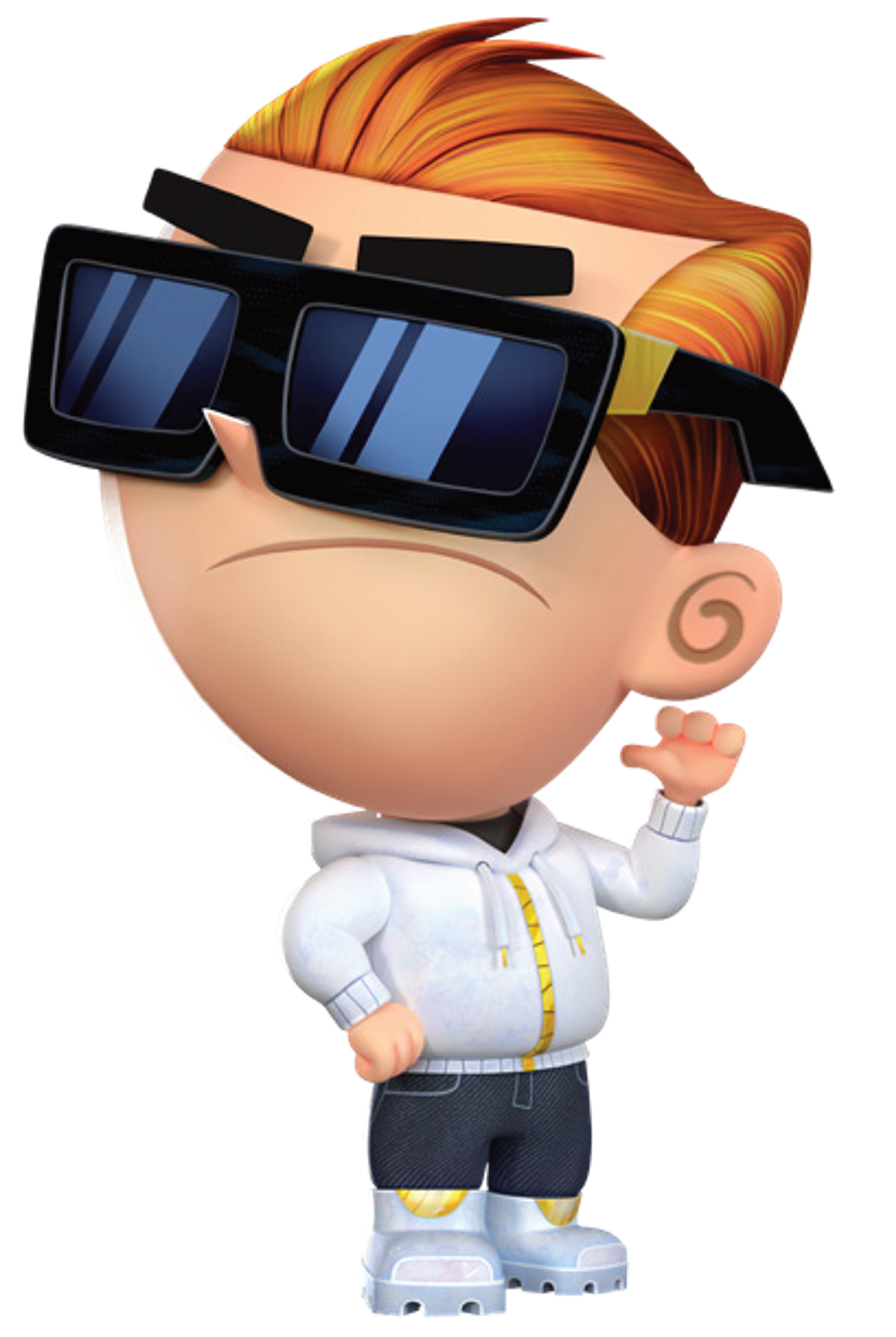 An animated character named Dev Dimmadome, a 10-year-old boy with orange hair and blue eyes wearing sunglasses