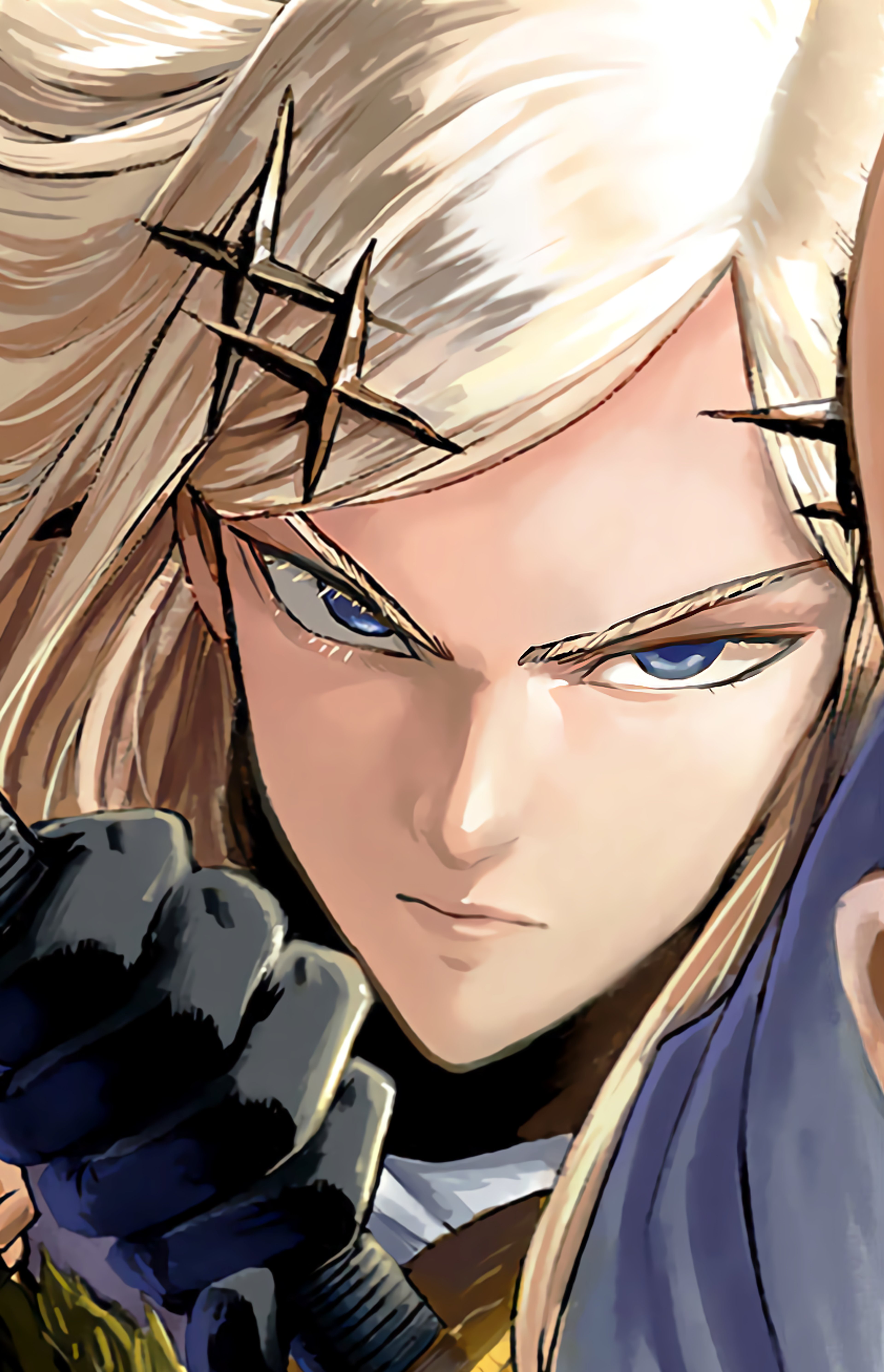 A male anime-style character with long blonde hair and blue eyes, wearing a dark outfit and holding a sword.