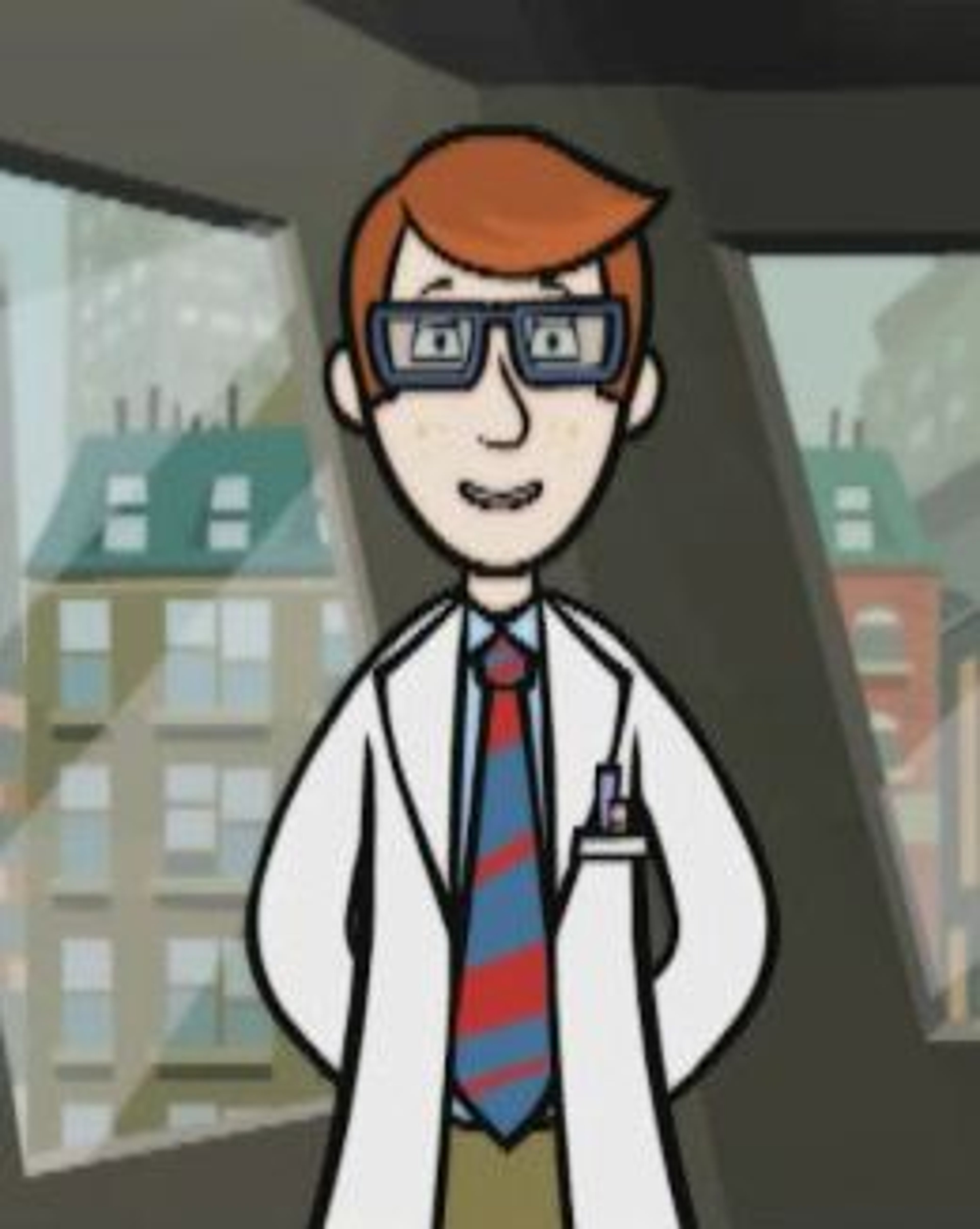 An animated character of a middle-aged man in a lab coat with orange hair and glasses, standing in front of a cityscape.