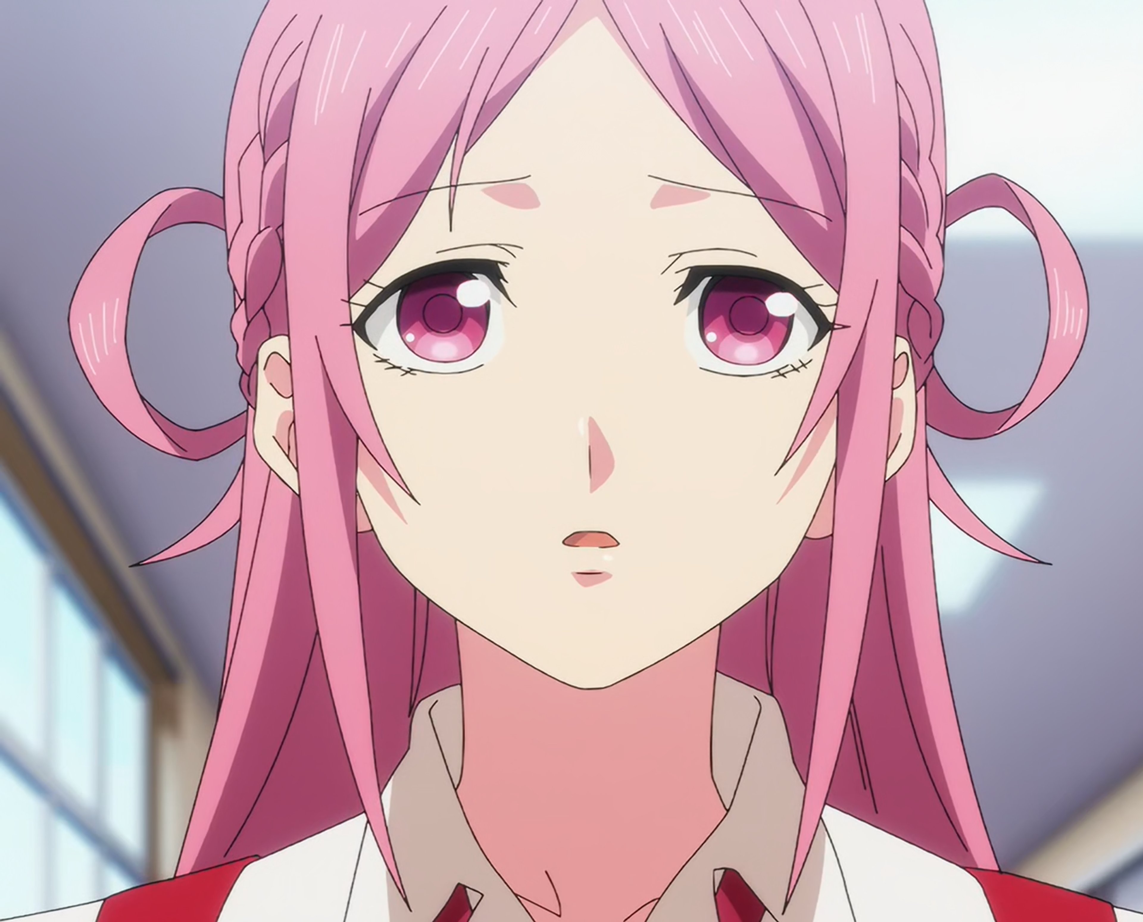An anime-style character with light pink hair in a ponytail wearing a school uniform