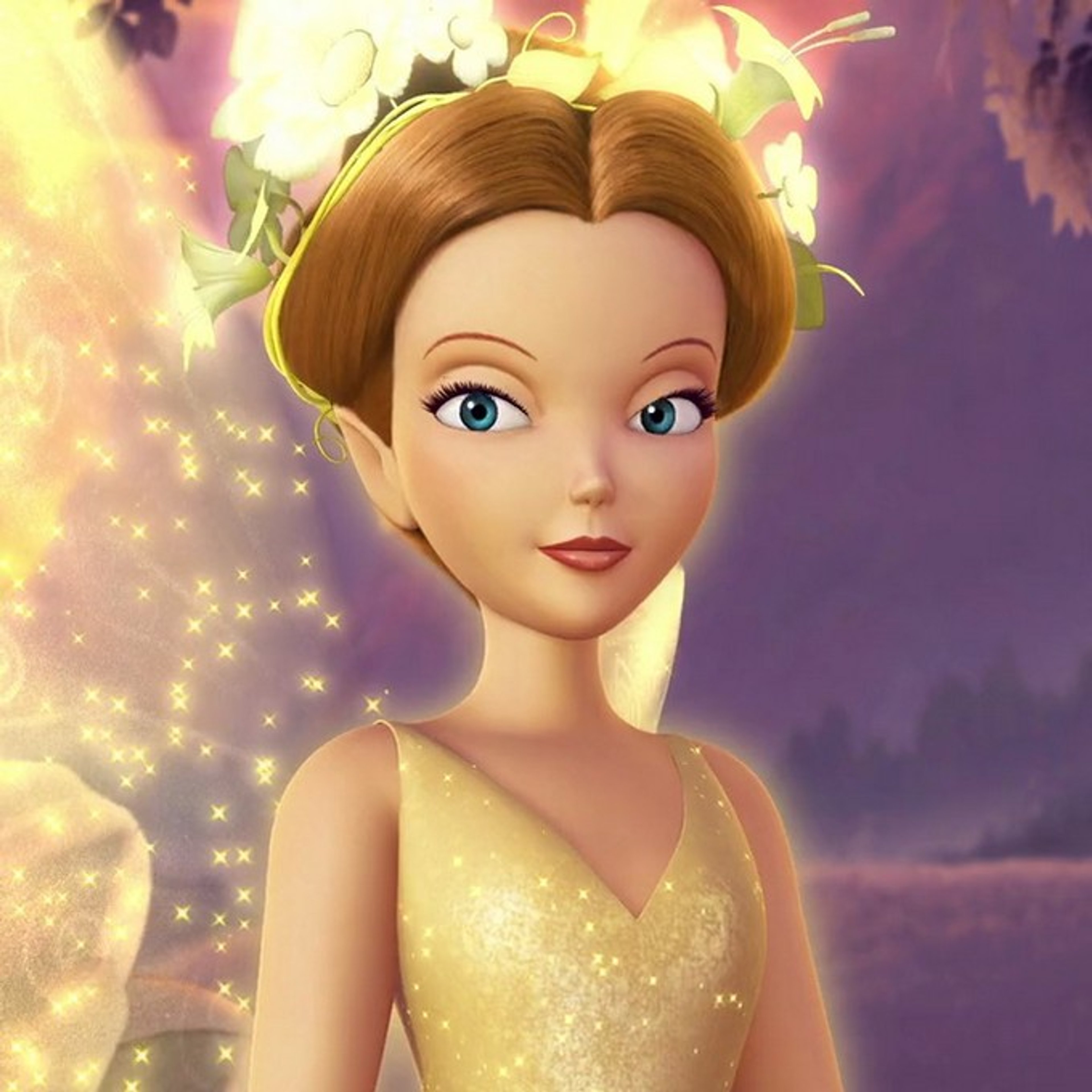 A beautiful fairy with honey-blonde hair and blue eyes, wearing a sparkling gold dress.