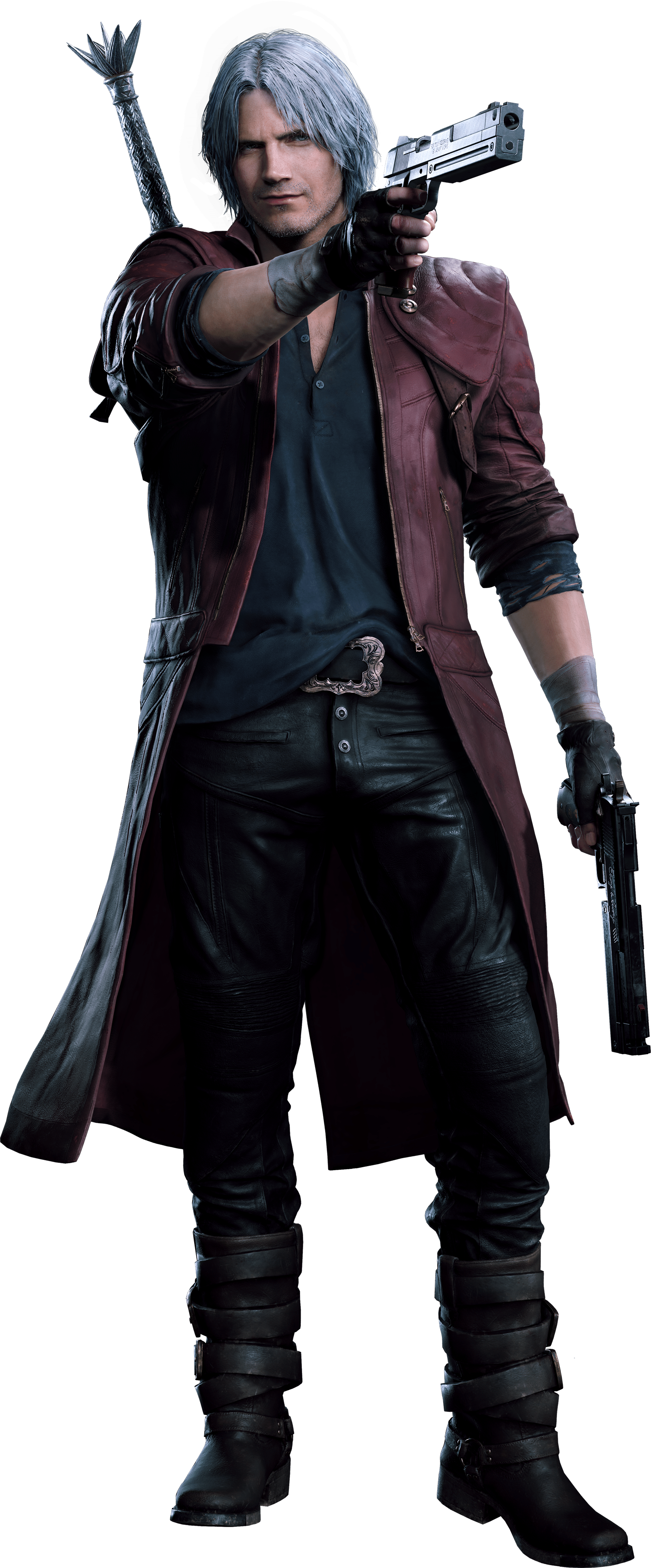 A male character with white hair, wearing a red coat, holding a sword and gun.