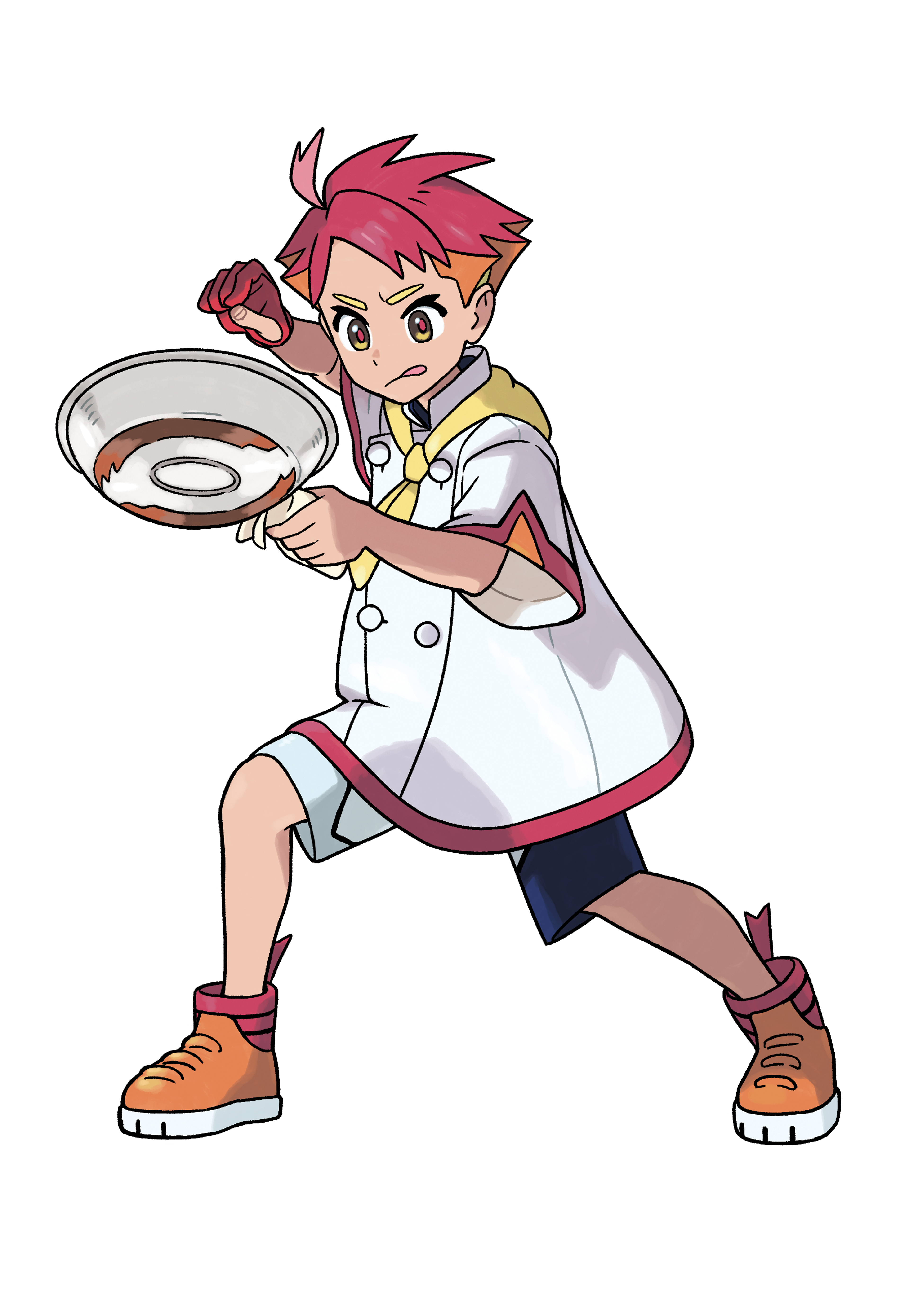 A young, red-haired boy in a chef's uniform holding a frying pan