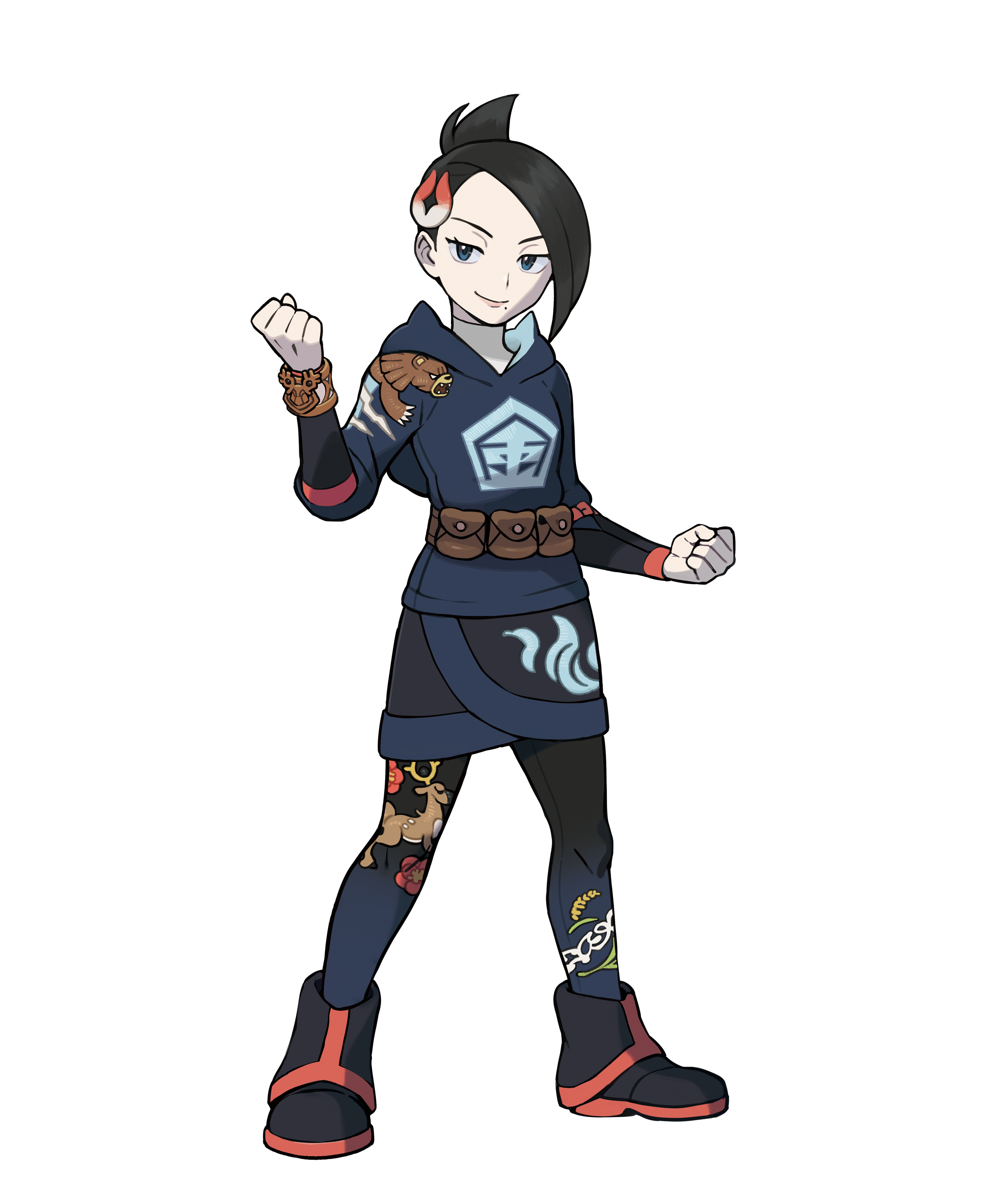 A young woman in a blue jacket with symbols, standing in a fighting pose.