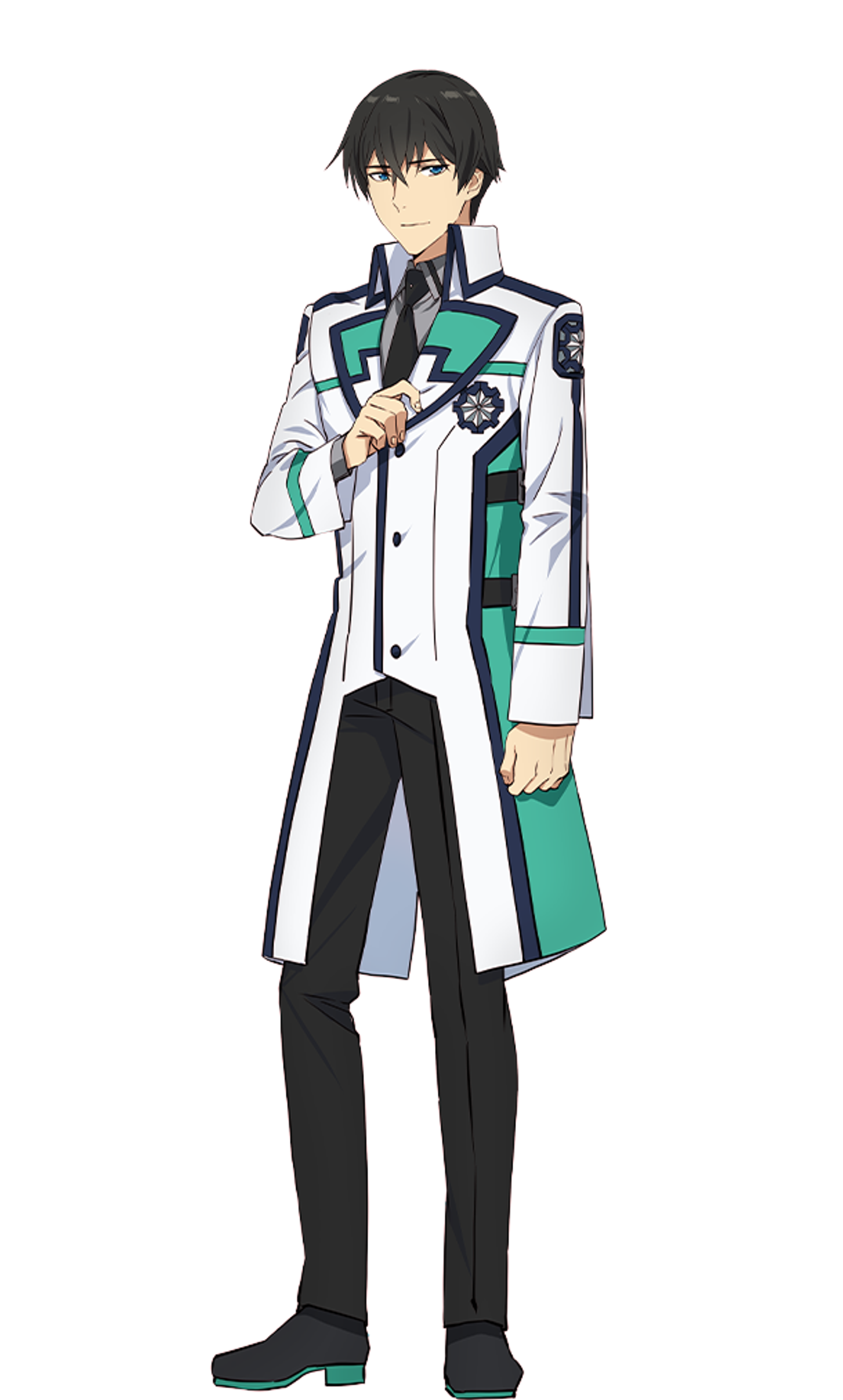 A young man with dark hair wearing a white and green coat