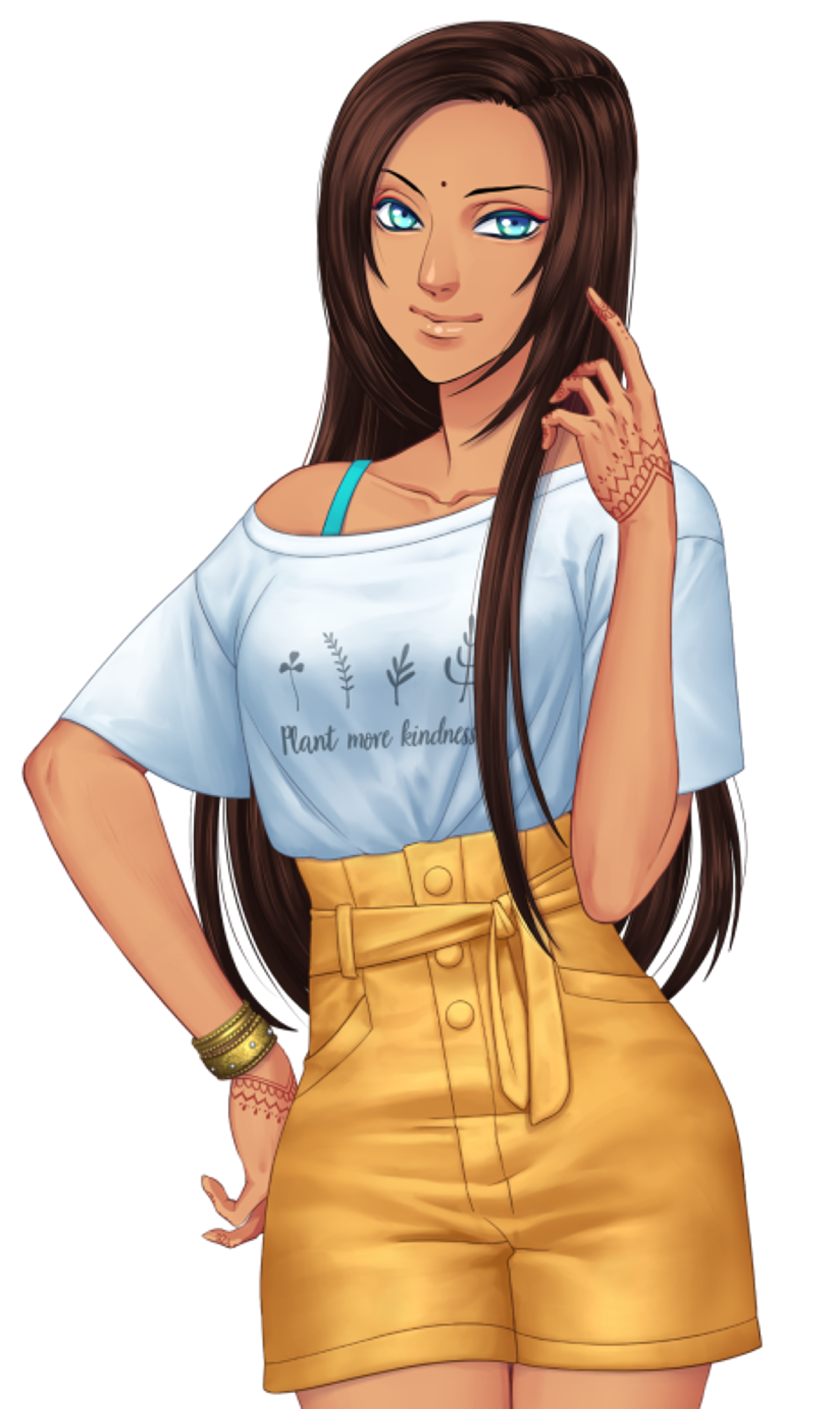 A young woman with long brown hair, blue eyes, and a bindi on her forehead, wearing a white t-shirt and yellow shorts, with a confident and determined expression.