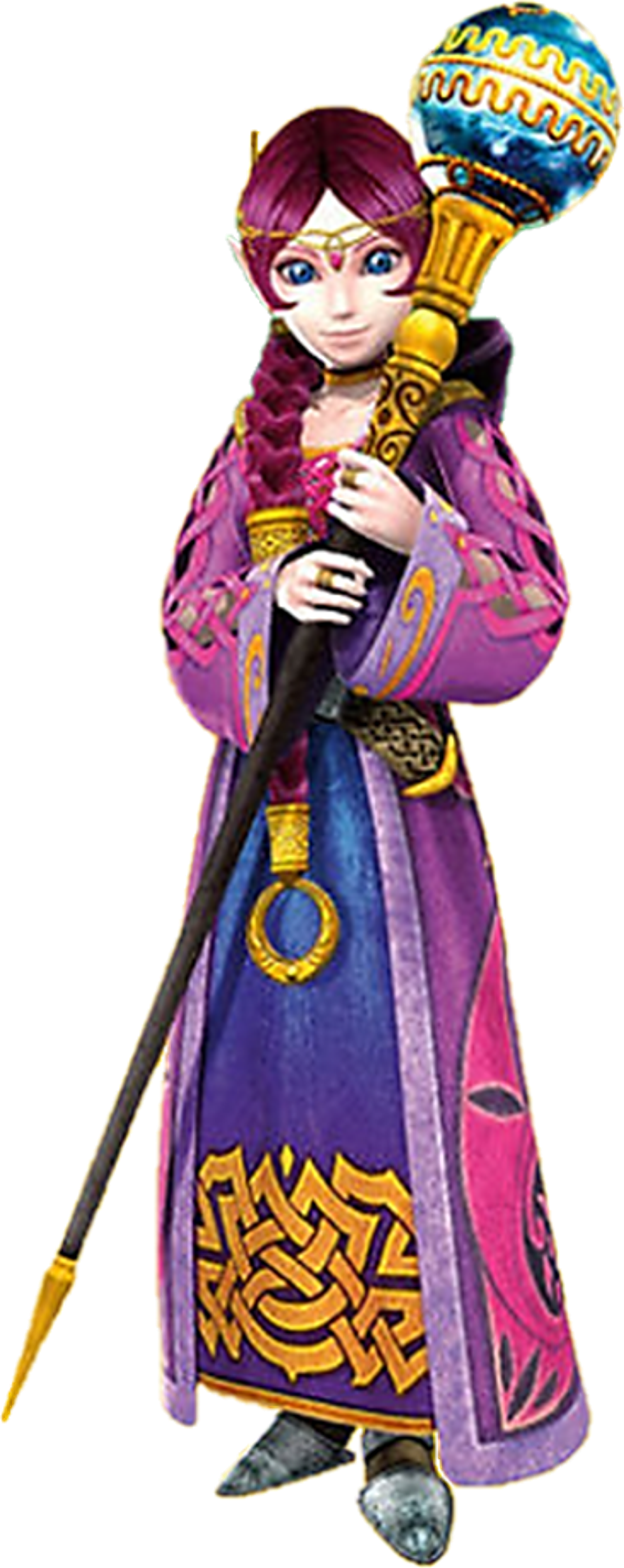A female wizard character with long magenta hair, blue eyes, and ornate wizard's robes holding a magical staff.