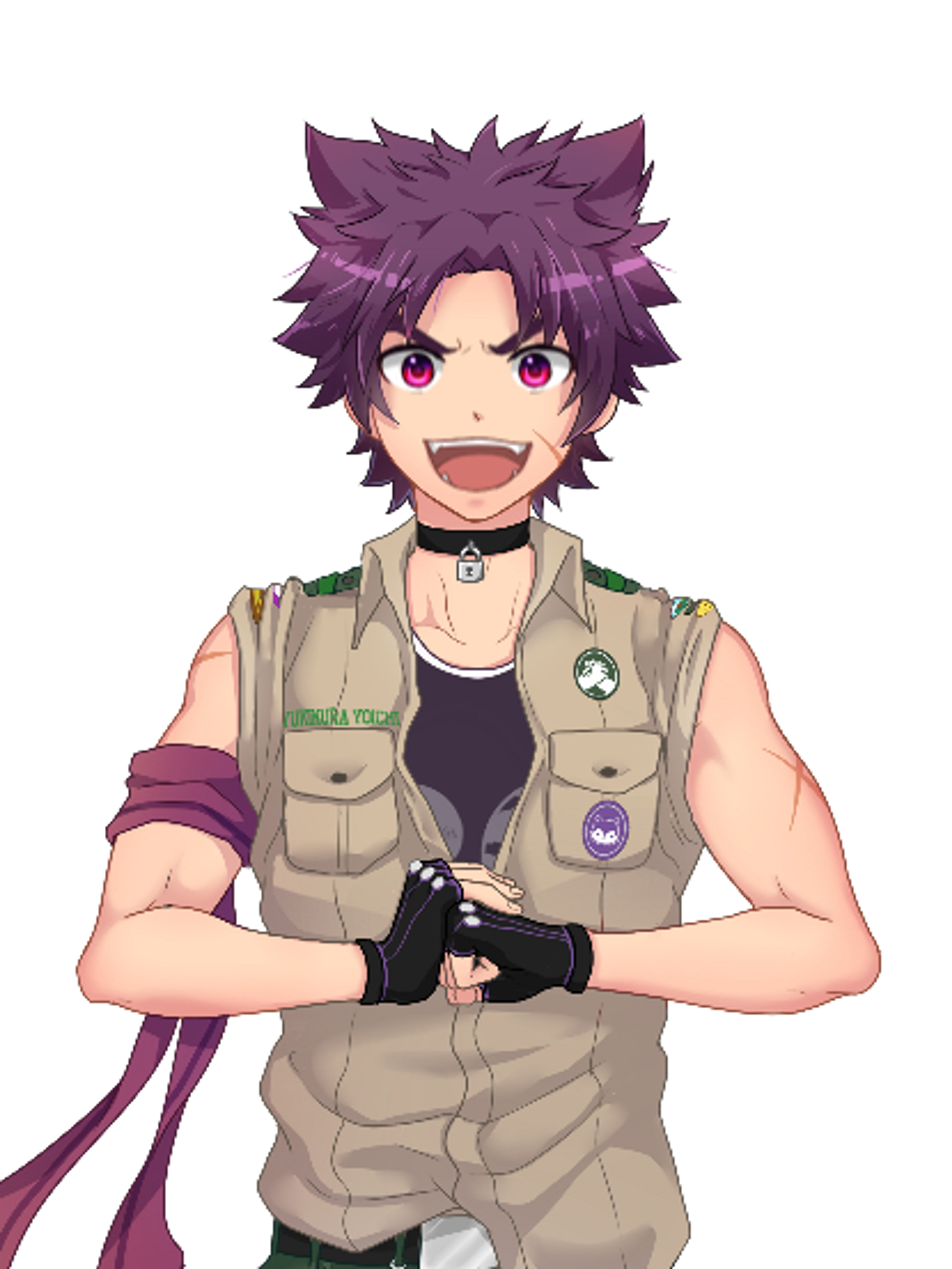 A muscular, athletic young man with purple hair wearing a tan vest and shorts