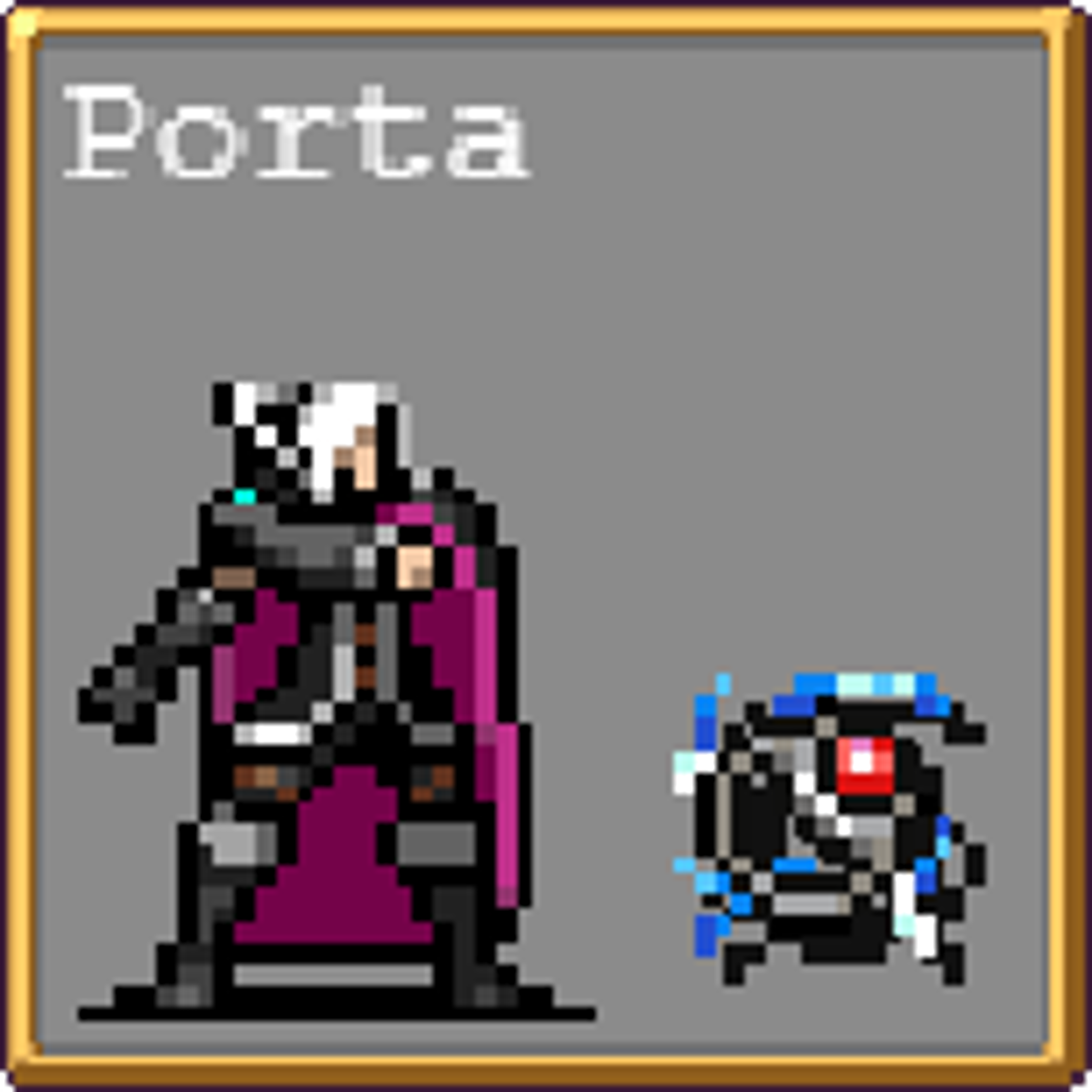 A detailed pixel art character of a female sorceress or mage with long blonde hair and blue eyes, wearing a purple and black outfit.