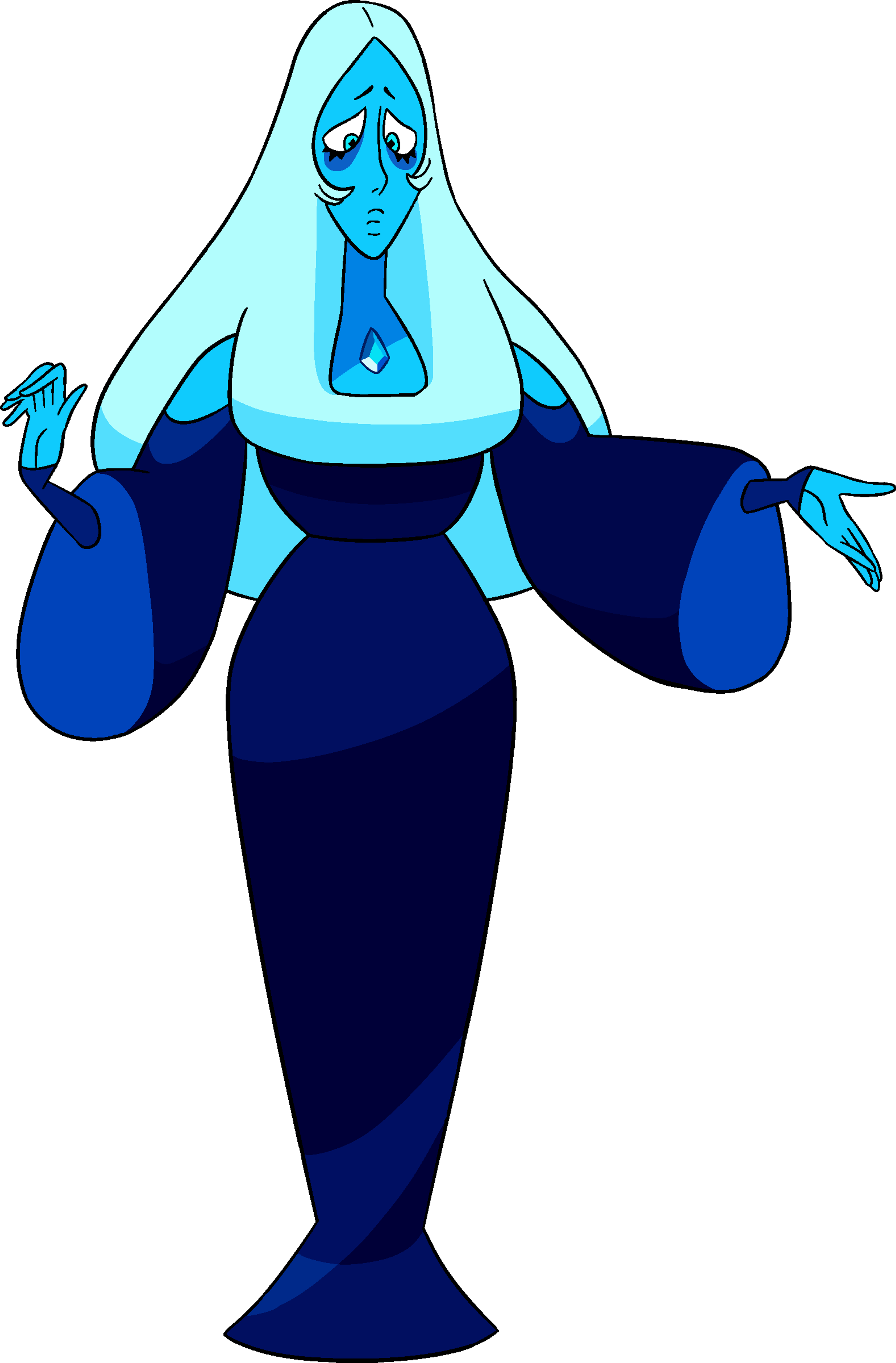 A large, blue humanoid figure with a diamond-shaped gemstone on their forehead, wearing a flowing dress-like garment and appearing sorrowful.