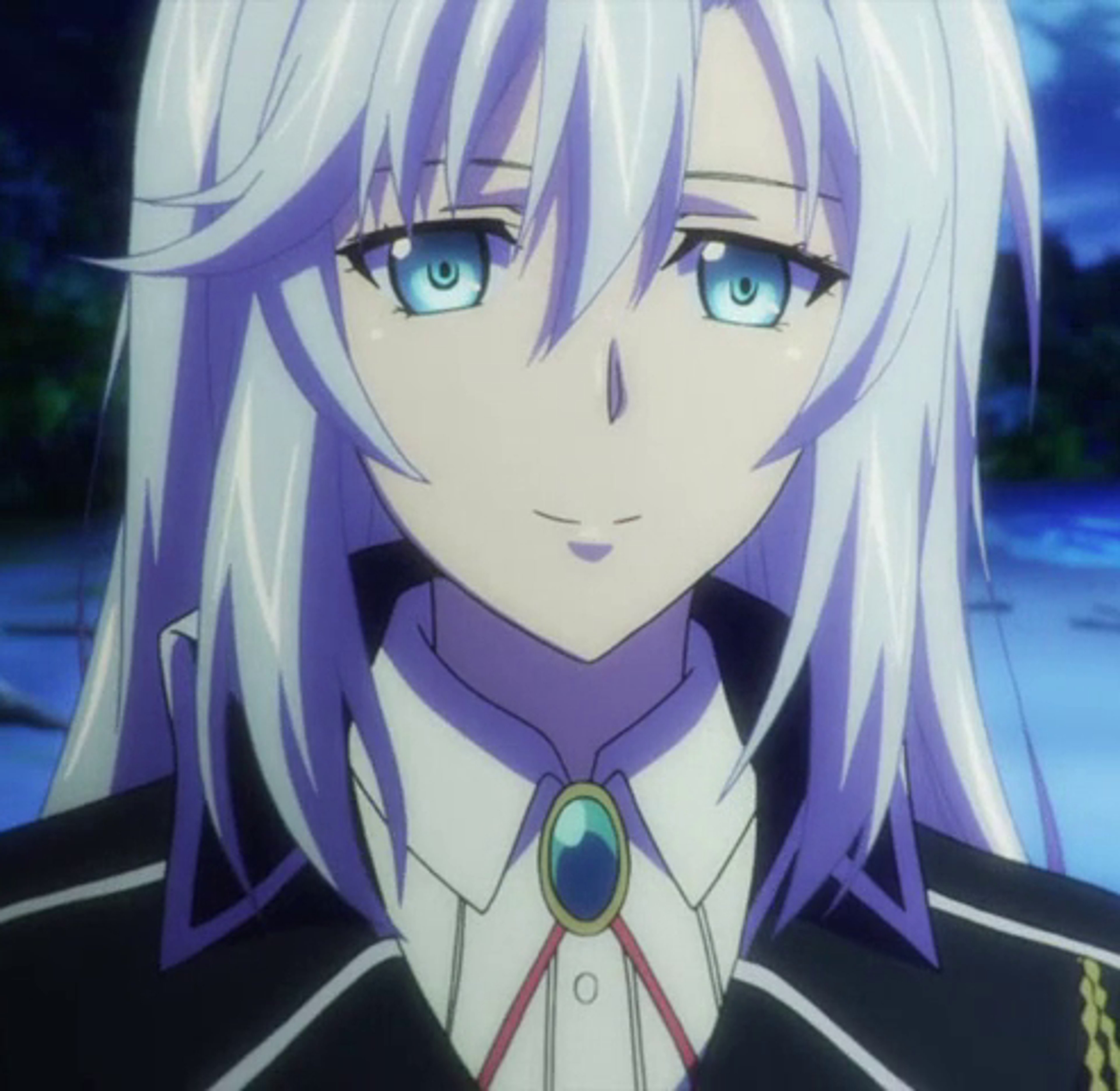 An anime-style character with white hair and blue eyes wearing a dark purple outfit