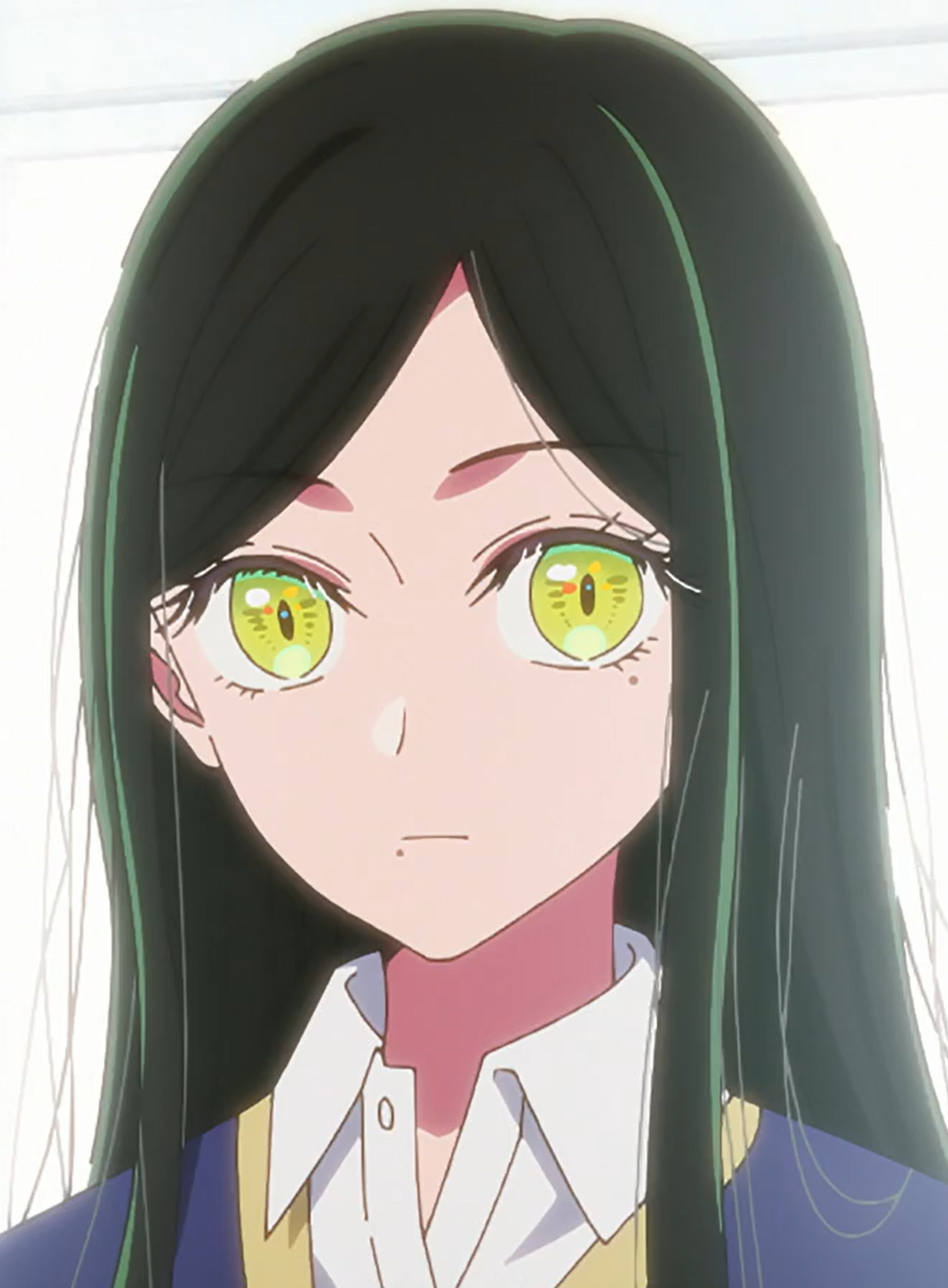 A young woman with long green hair and cat-like eyes