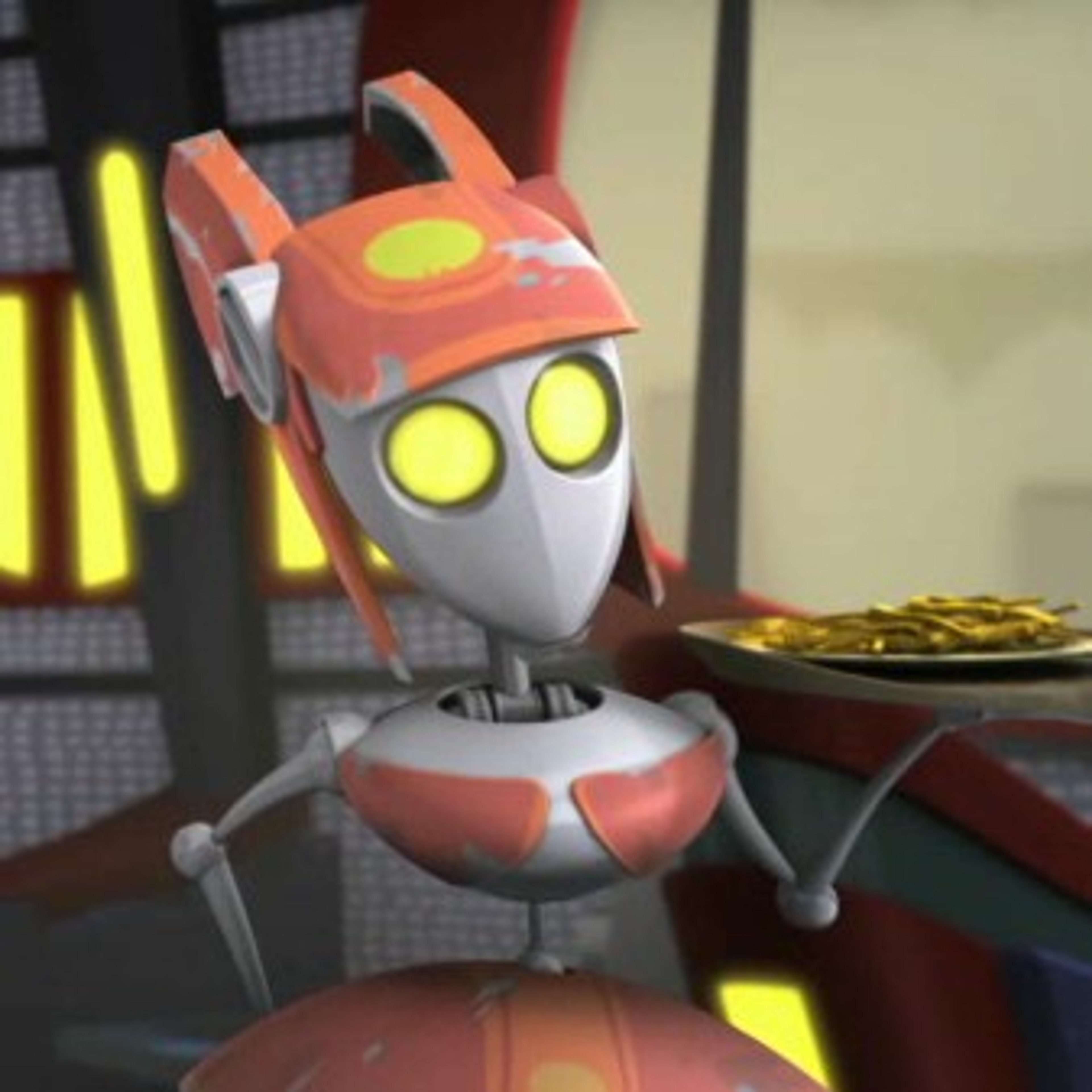 A WA-7 waitress droid from the Star Wars universe, standing in a diner setting and holding a tray of food and drinks.