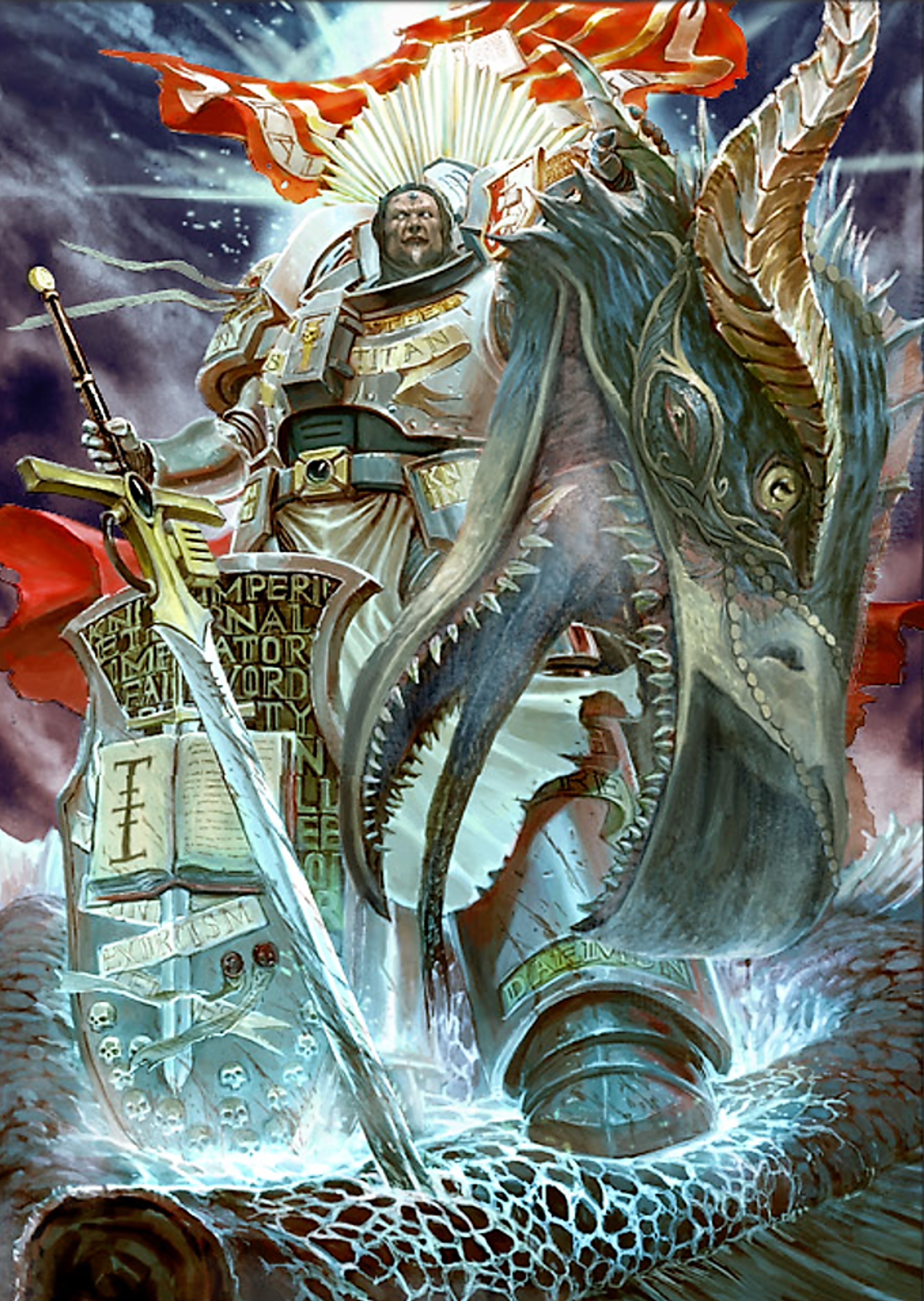 A heavily armored figure in ornate Terminator armor, wielding a psychically-charged sword, standing on a rocky outcrop surrounded by swirling energy and runes.