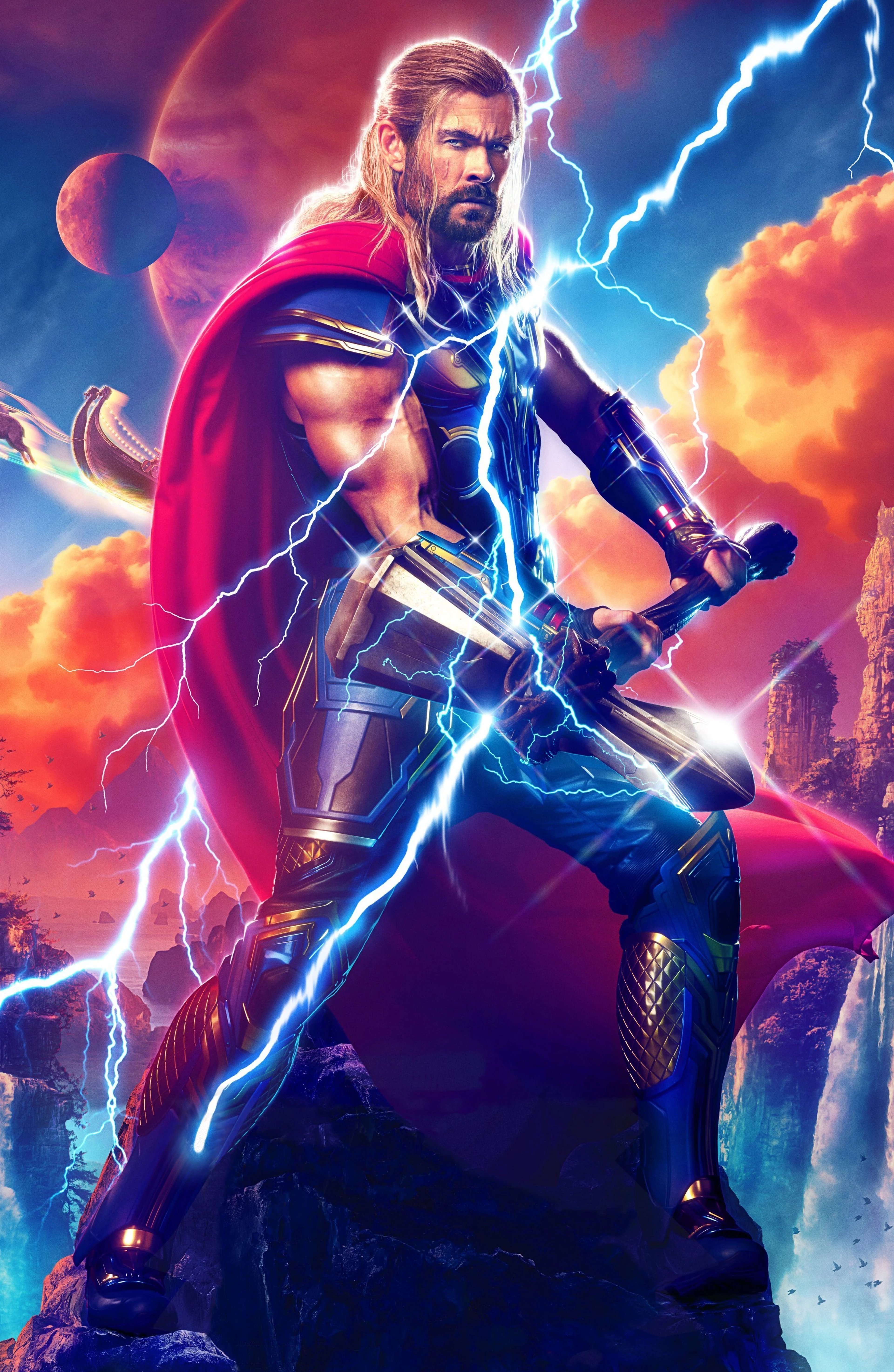 A powerful, heroic depiction of the Marvel character Thor, the god of thunder, surrounded by lightning and cosmic energy.