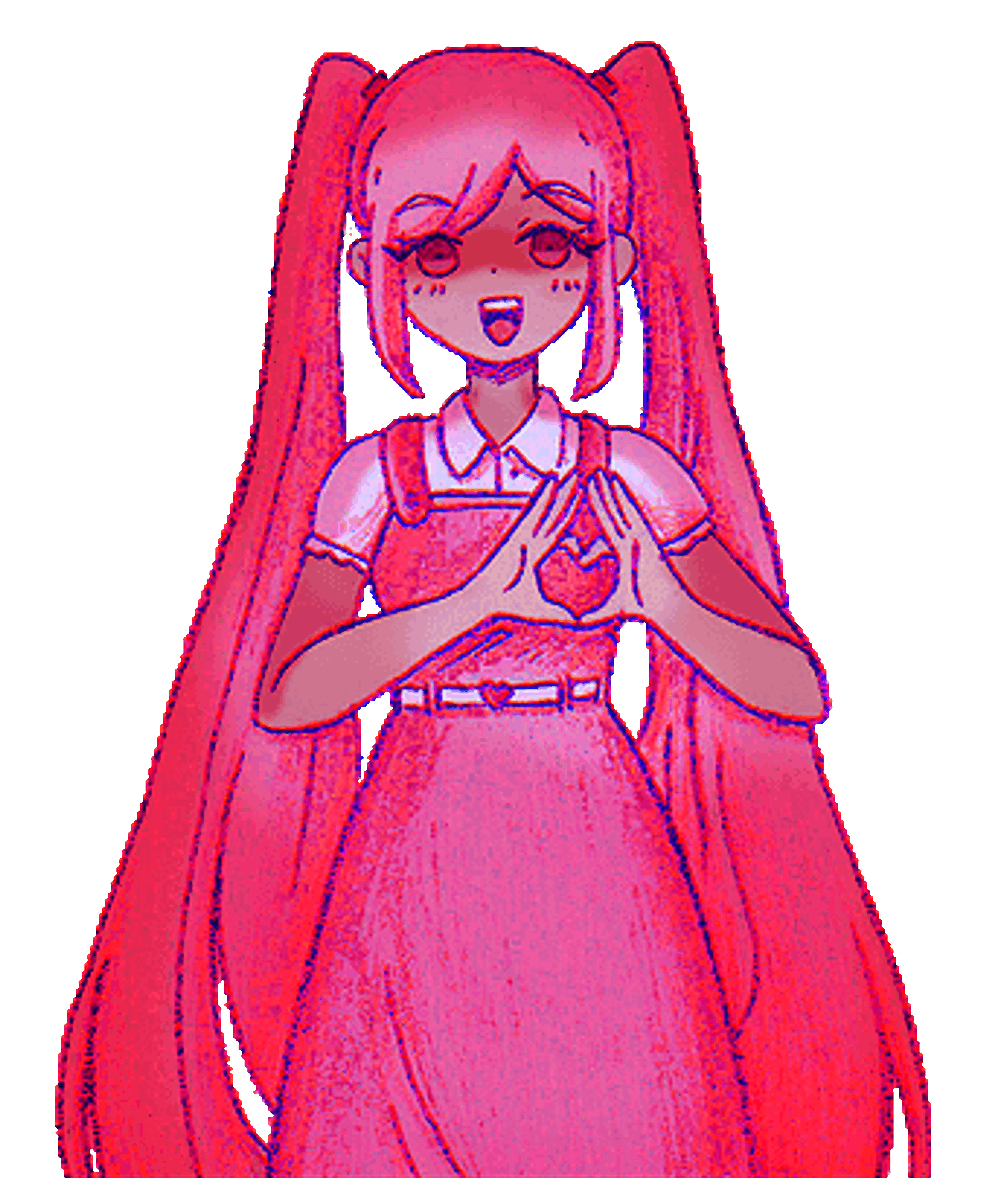 A pink-haired anime-style character with a calm, mild-mannered expression and a radiant, almost blinding light emanating from her.