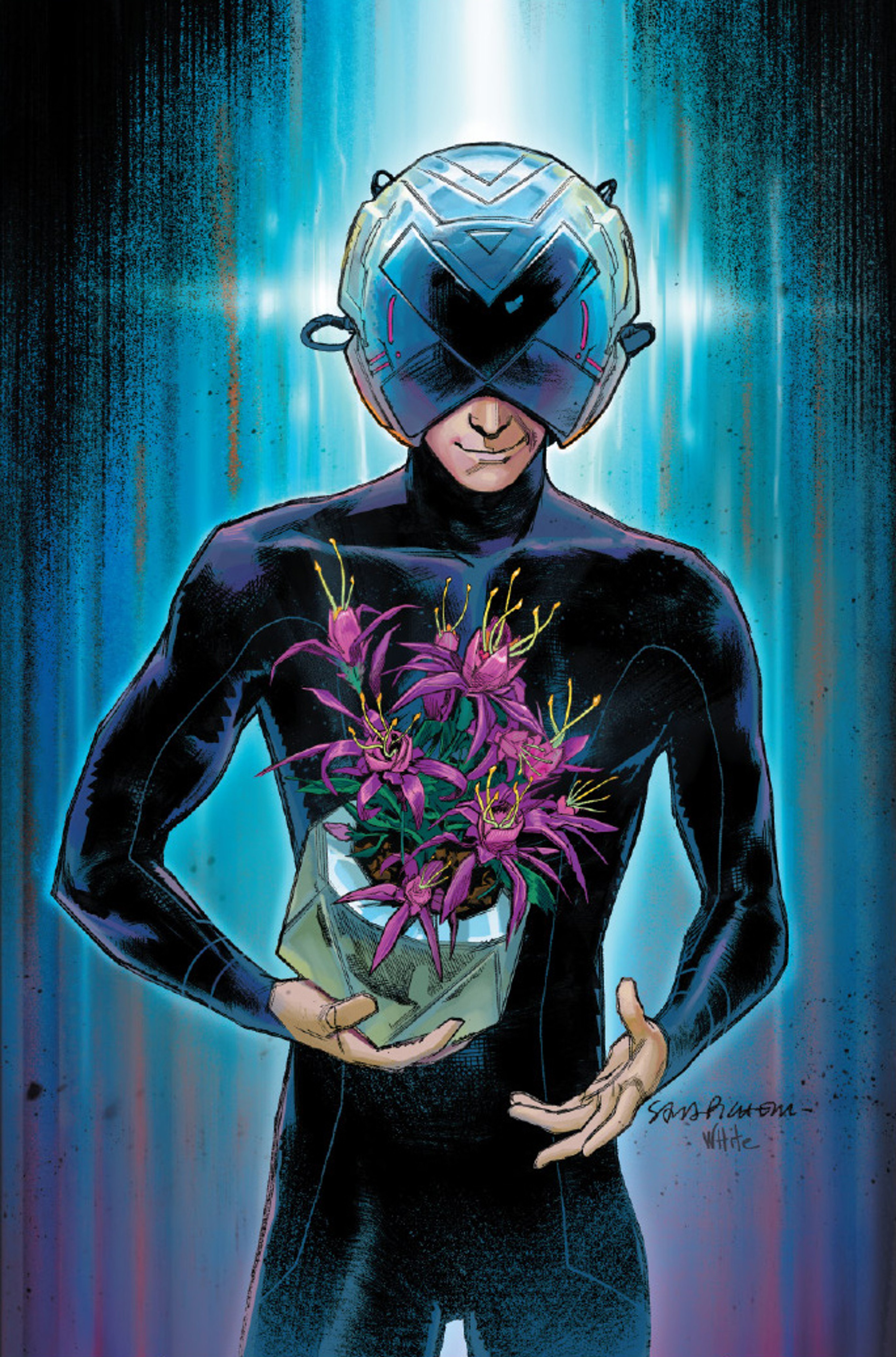 A bald, wheelchair-bound man in a black bodysuit holding a bouquet of pink flowers