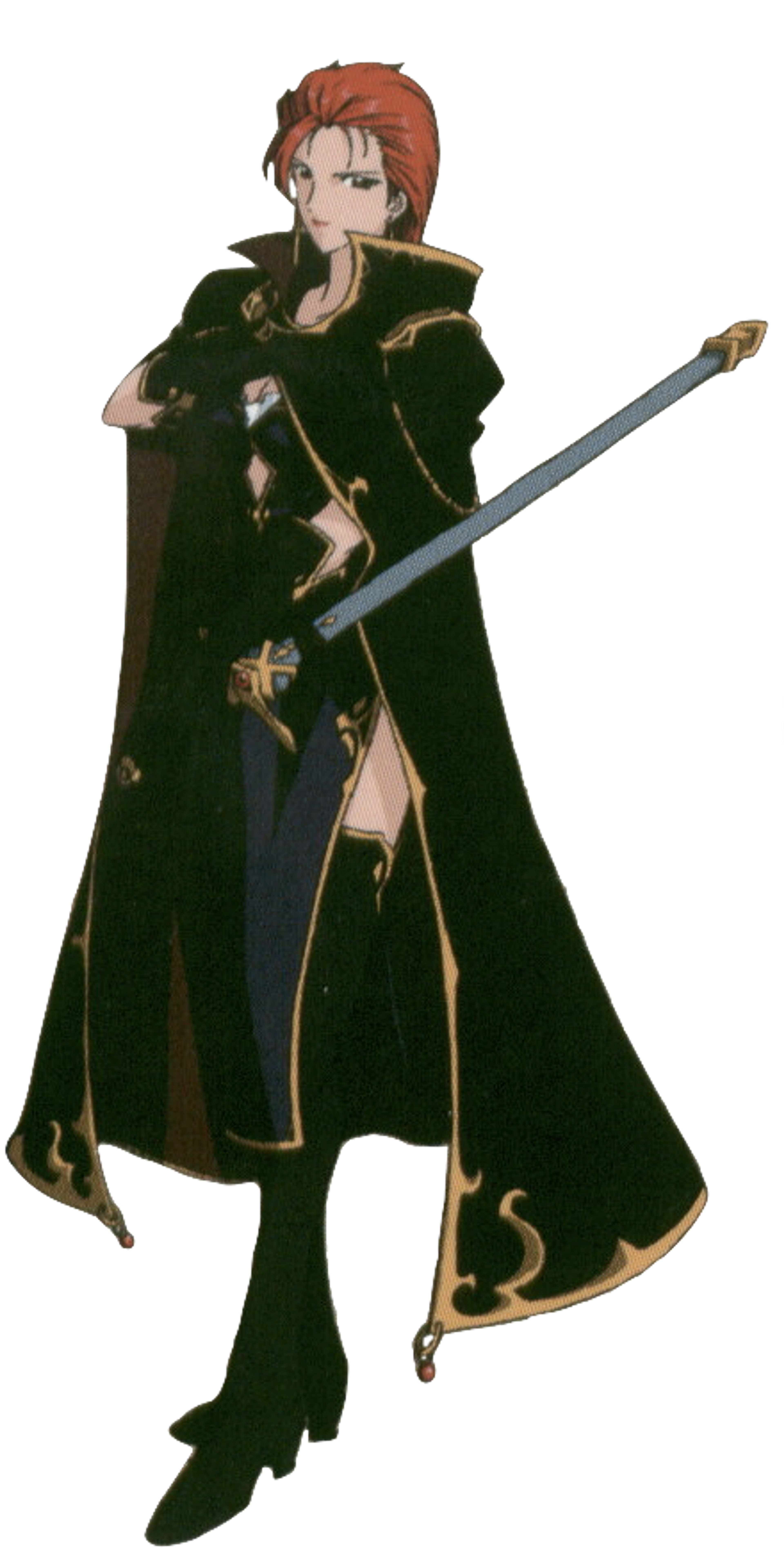 A character with long, reddish-orange hair wearing a dark green cloak and holding a sword