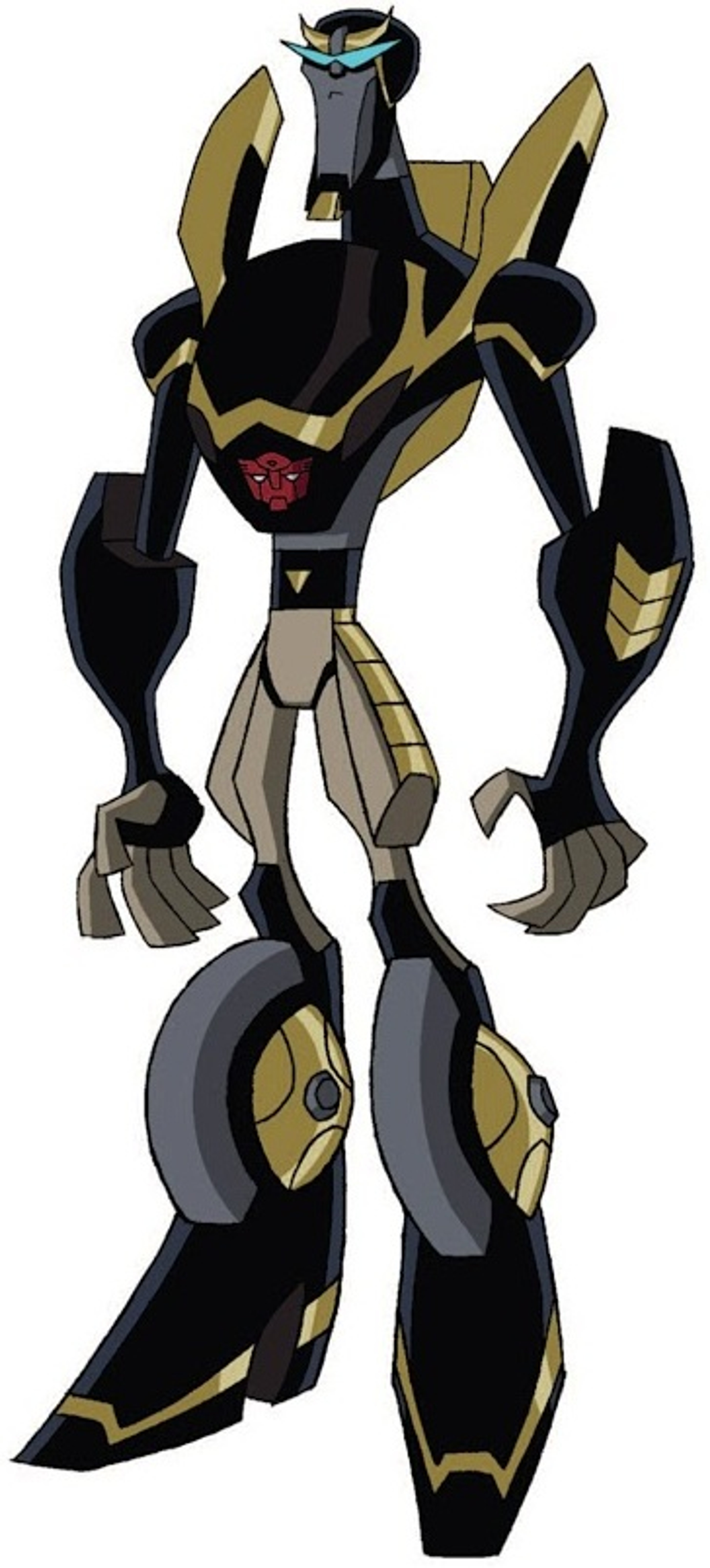 A detailed, robotic character with a black and gold color scheme