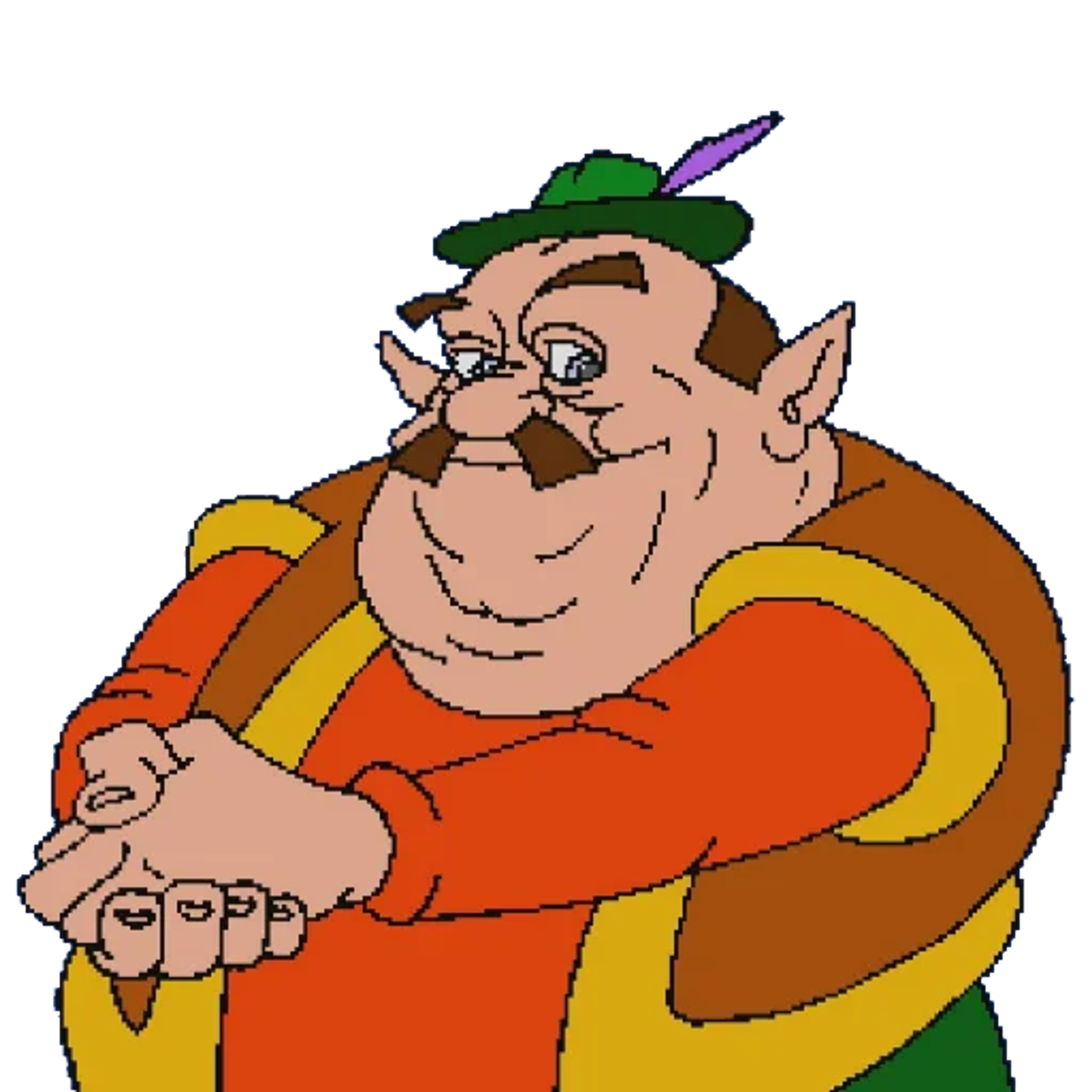 An animated, cartoonish character with a large, round body, wearing a green hat and orange clothing, gesturing enthusiastically.