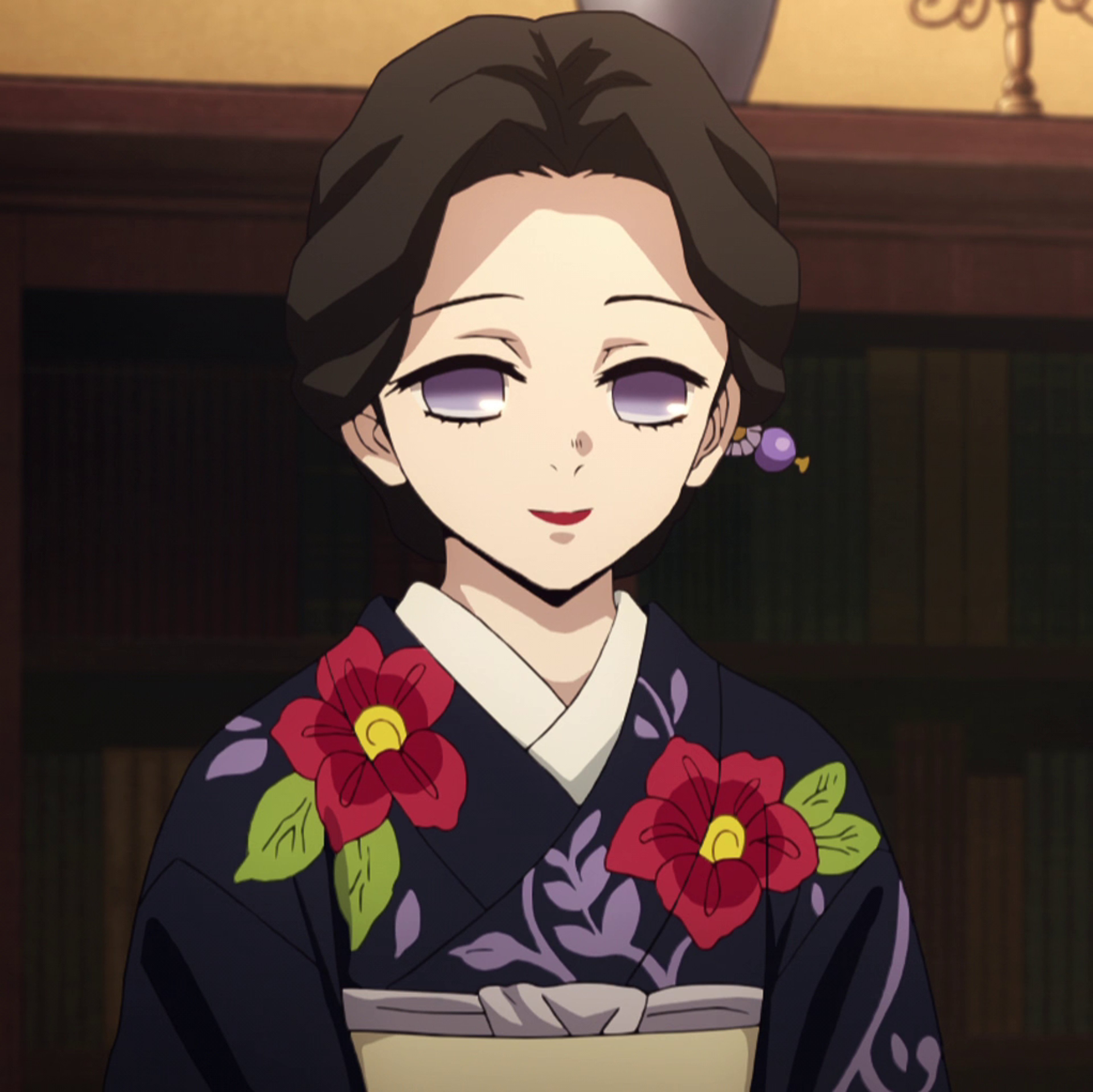 An anime-style character in a traditional Japanese kimono with a gentle, wise expression