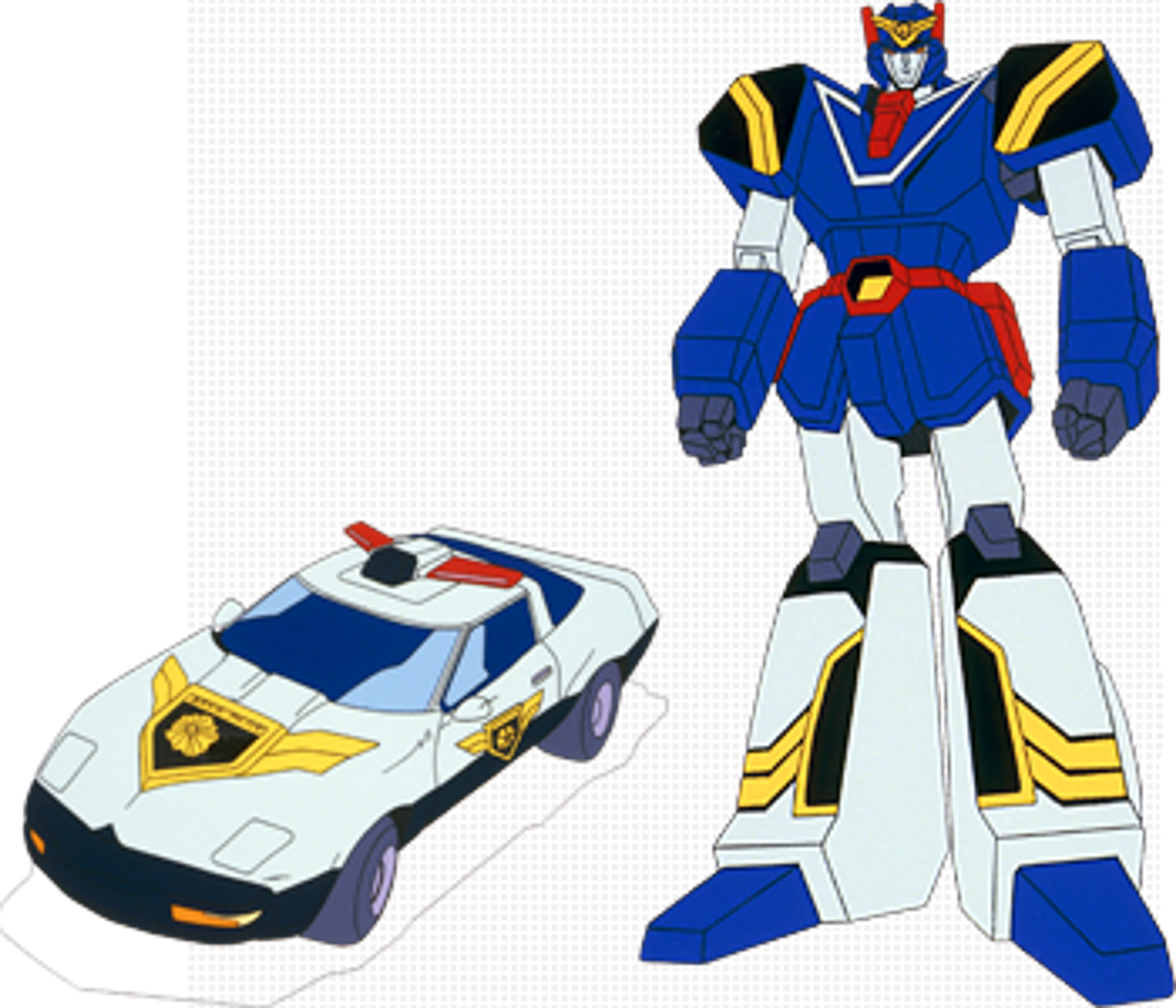 A large, blue and white humanoid robot character standing next to a smaller, vehicle-like robot