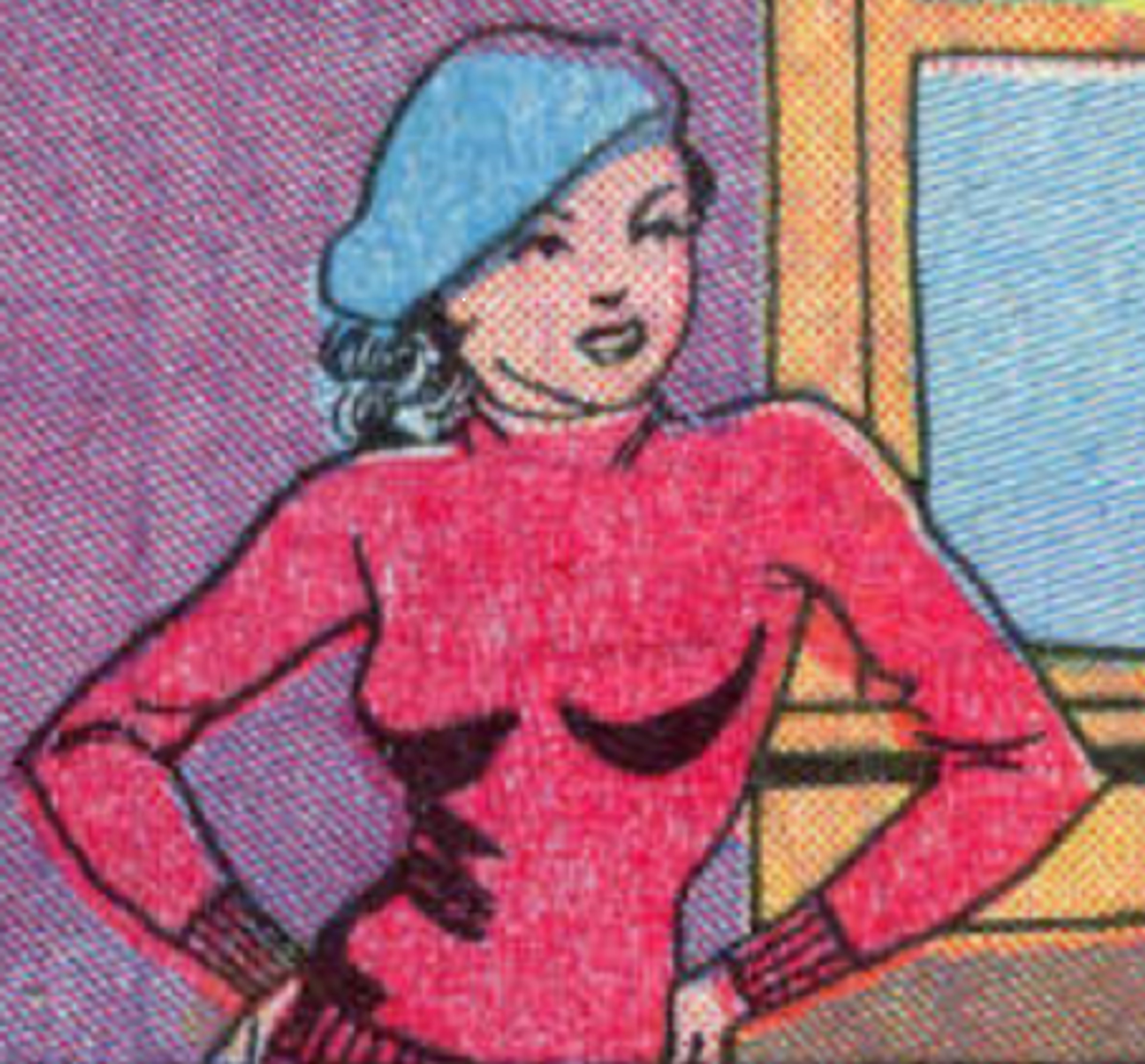 A female character with curly dark hair wearing a red sweater, standing with her hands on her hips and a confident expression.