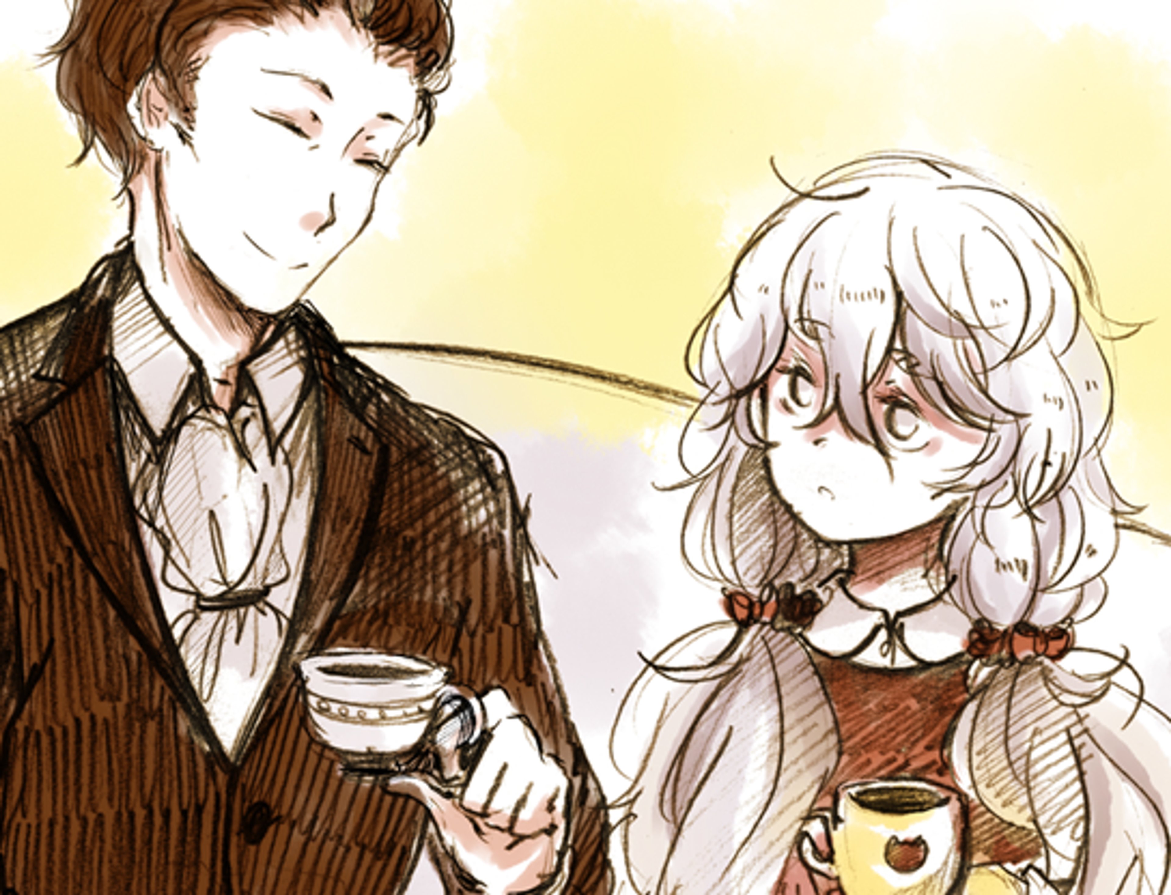 Two characters, a tall man in a suit and a young woman in a pink dress, interacting in a surreal, stylized scene.