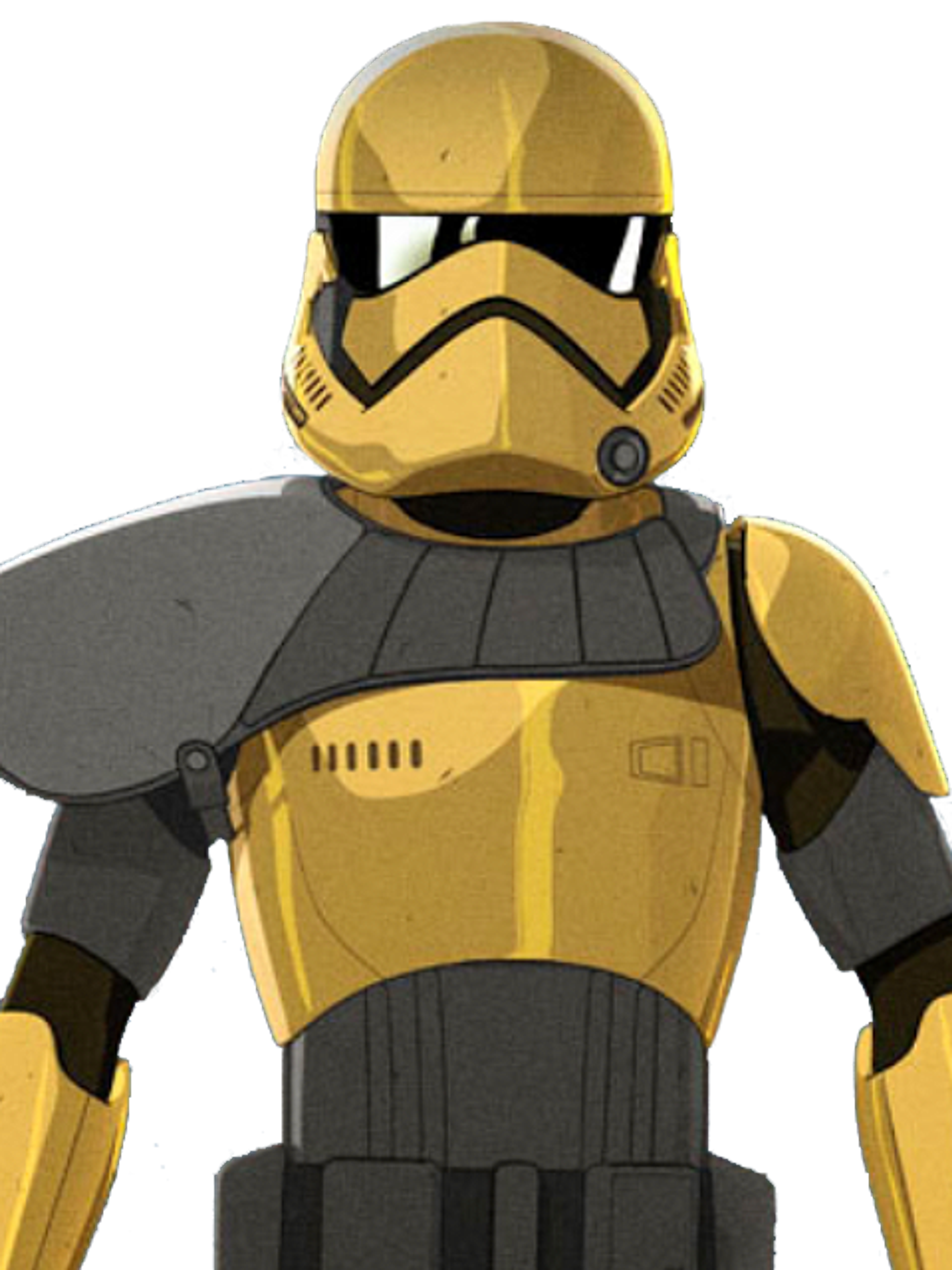 A stormtrooper commander from the Star Wars universe, wearing a yellow and black armored suit with a distinctive helmet.