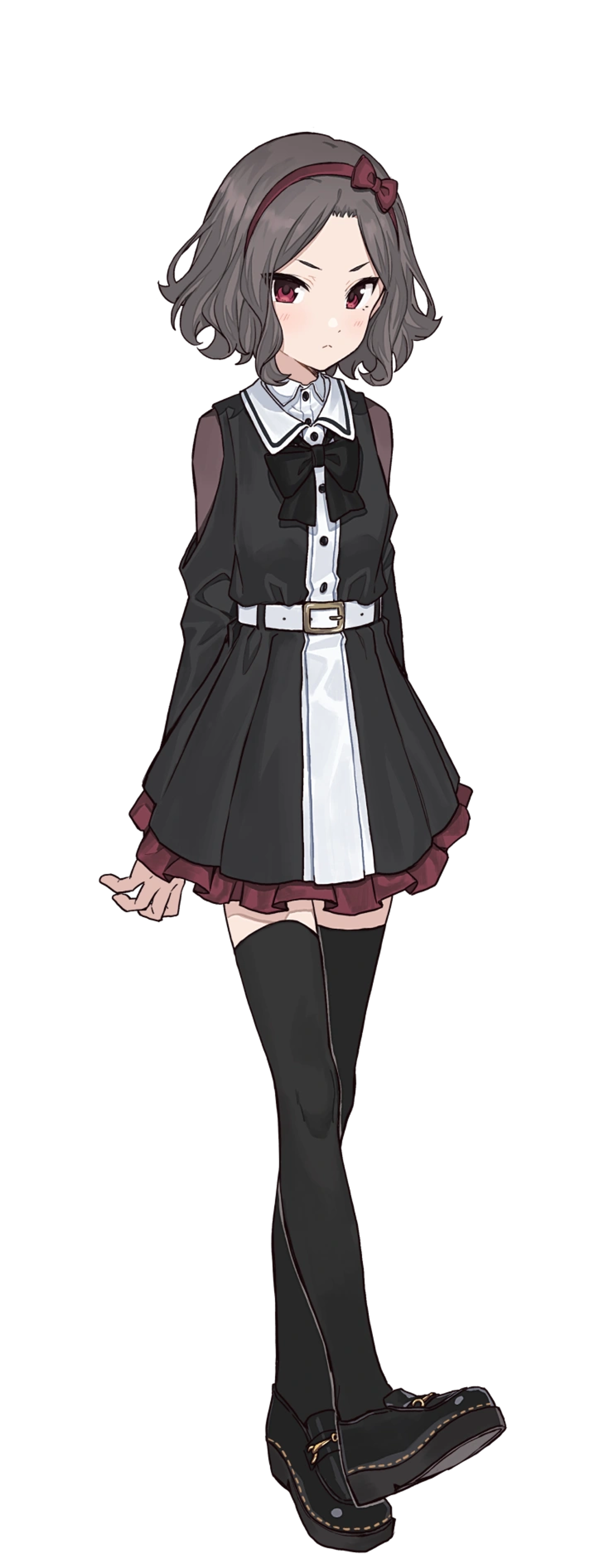 An anime-style character with short dark hair wearing a black dress with white accents