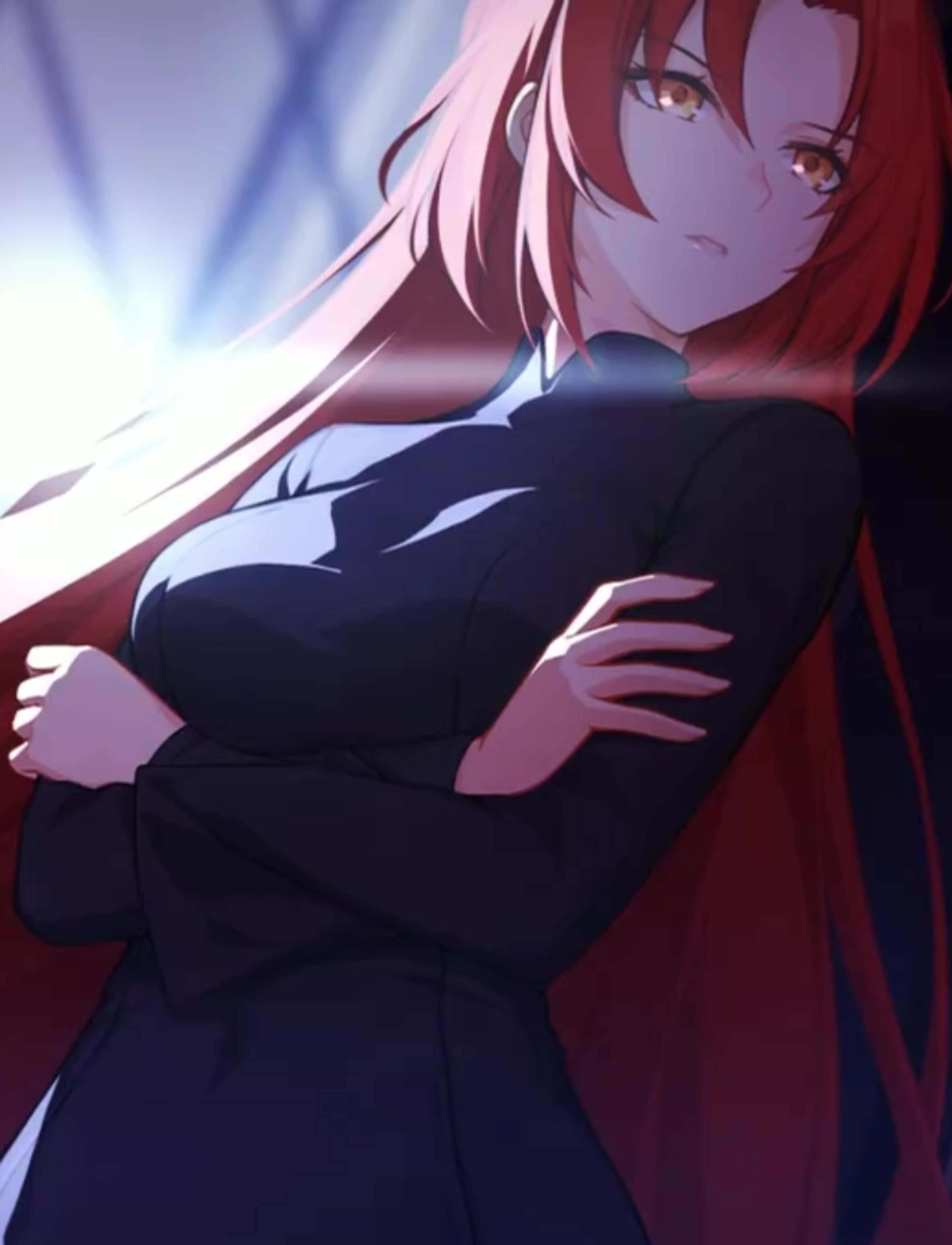 A woman with long red hair and ember eyes wearing a dark grey dress and black shoes, standing with her arms crossed.