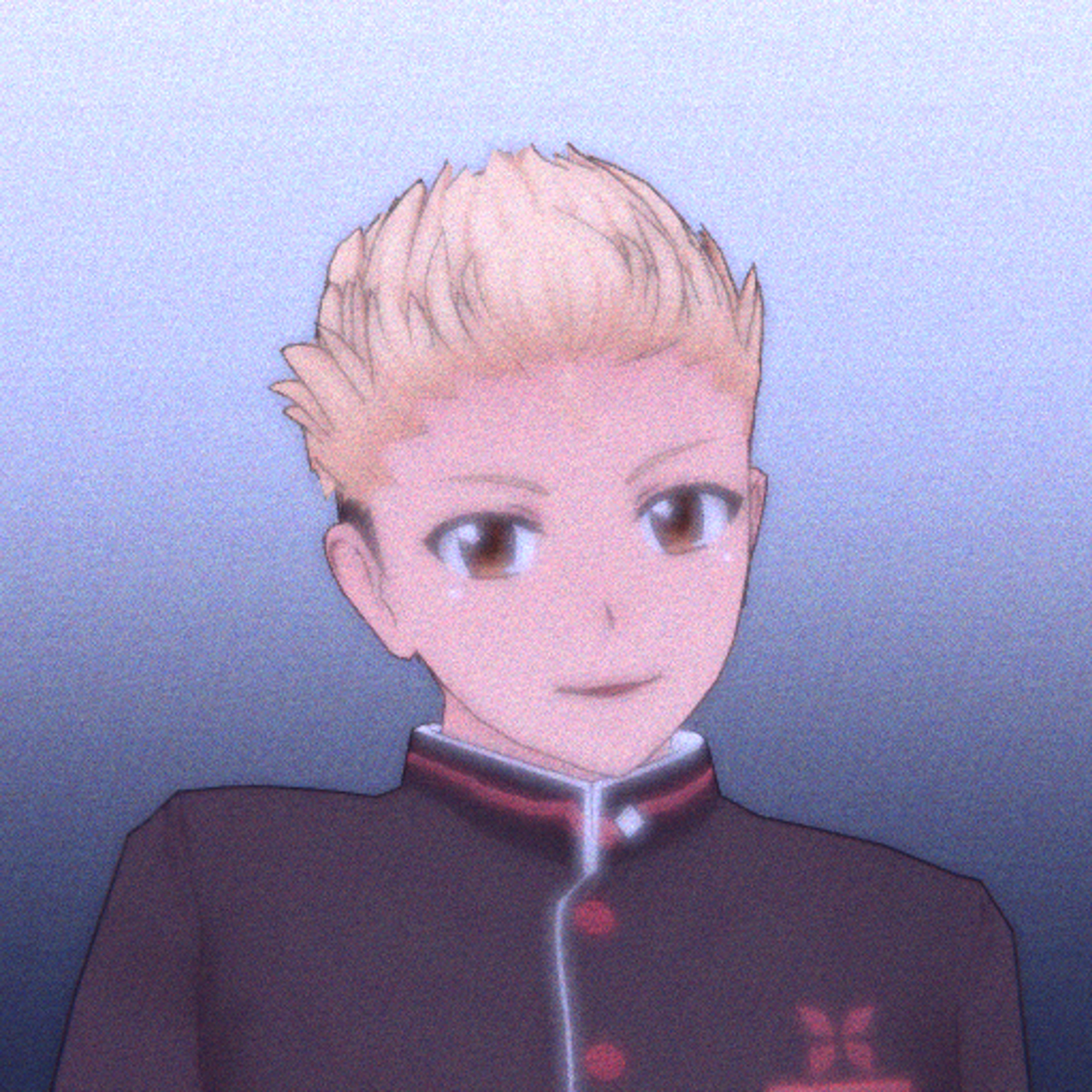 An anime-style character with spiky blonde hair and hazel eyes wearing a school uniform