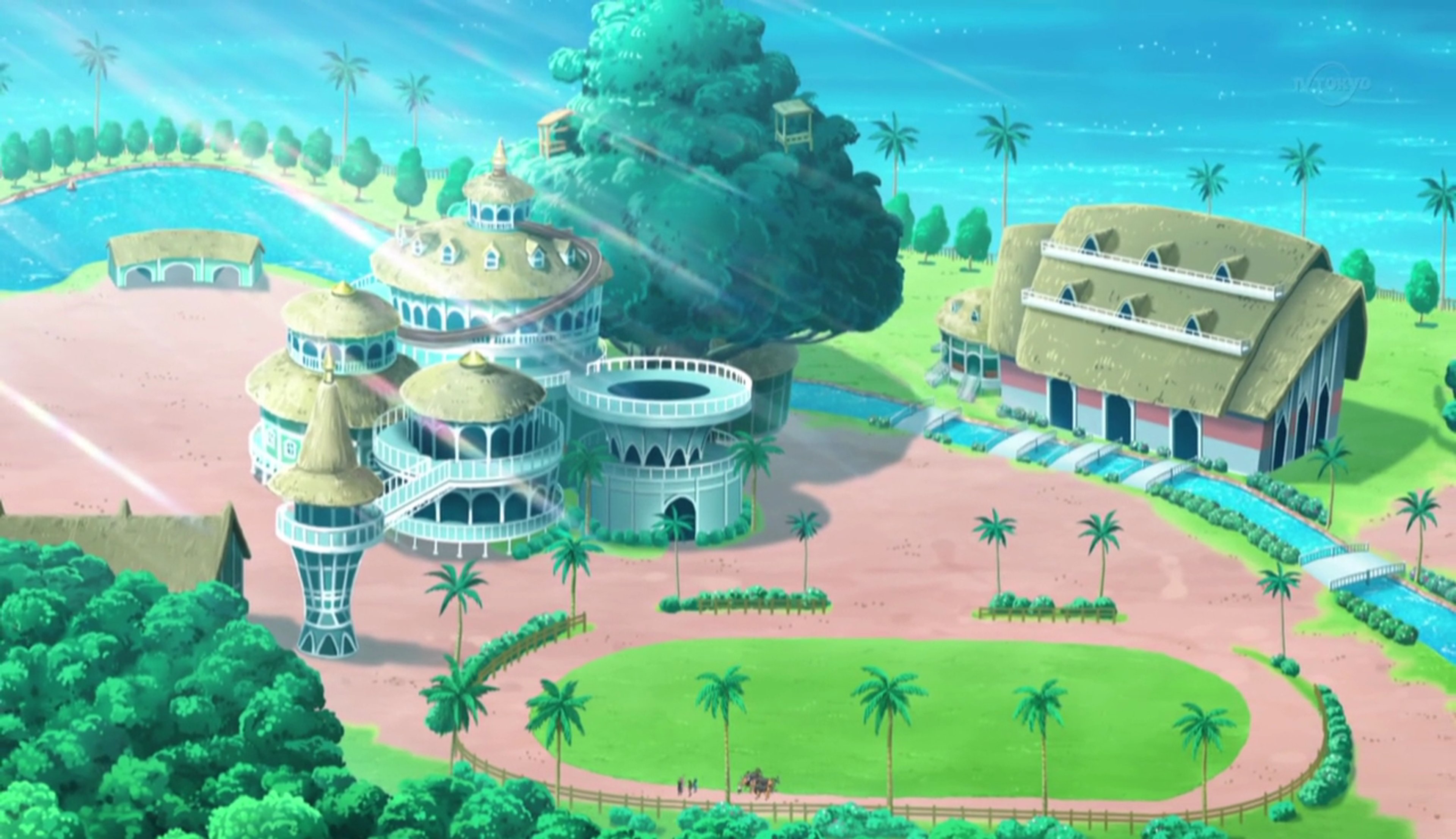 Illustration of a tropical Pokémon school campus with a female professor character and her Comfey Pokémon partner.