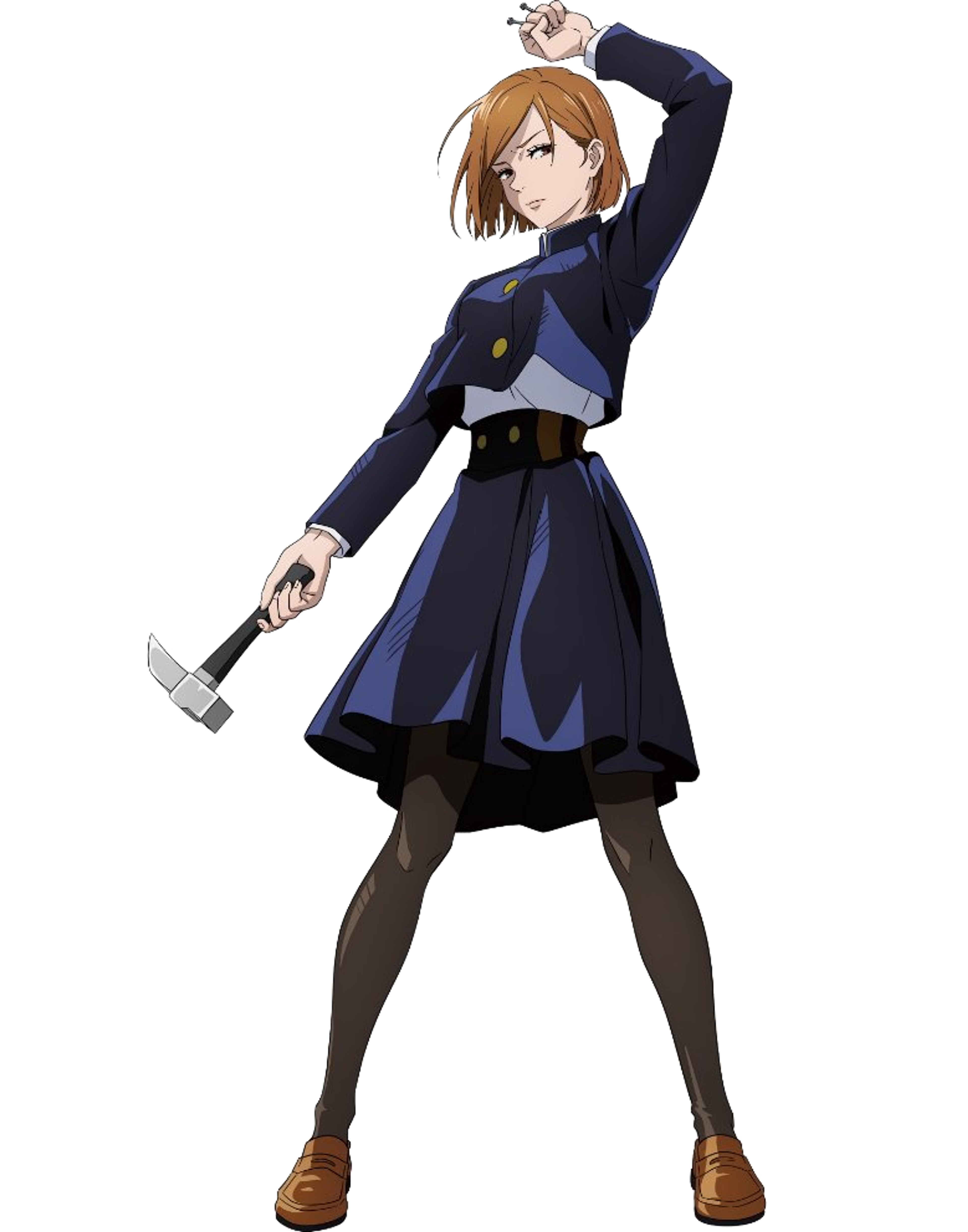 An anime girl with ginger hair in two ponytails, wearing a dark blue uniform, holding a hammer or nail in a confident pose.