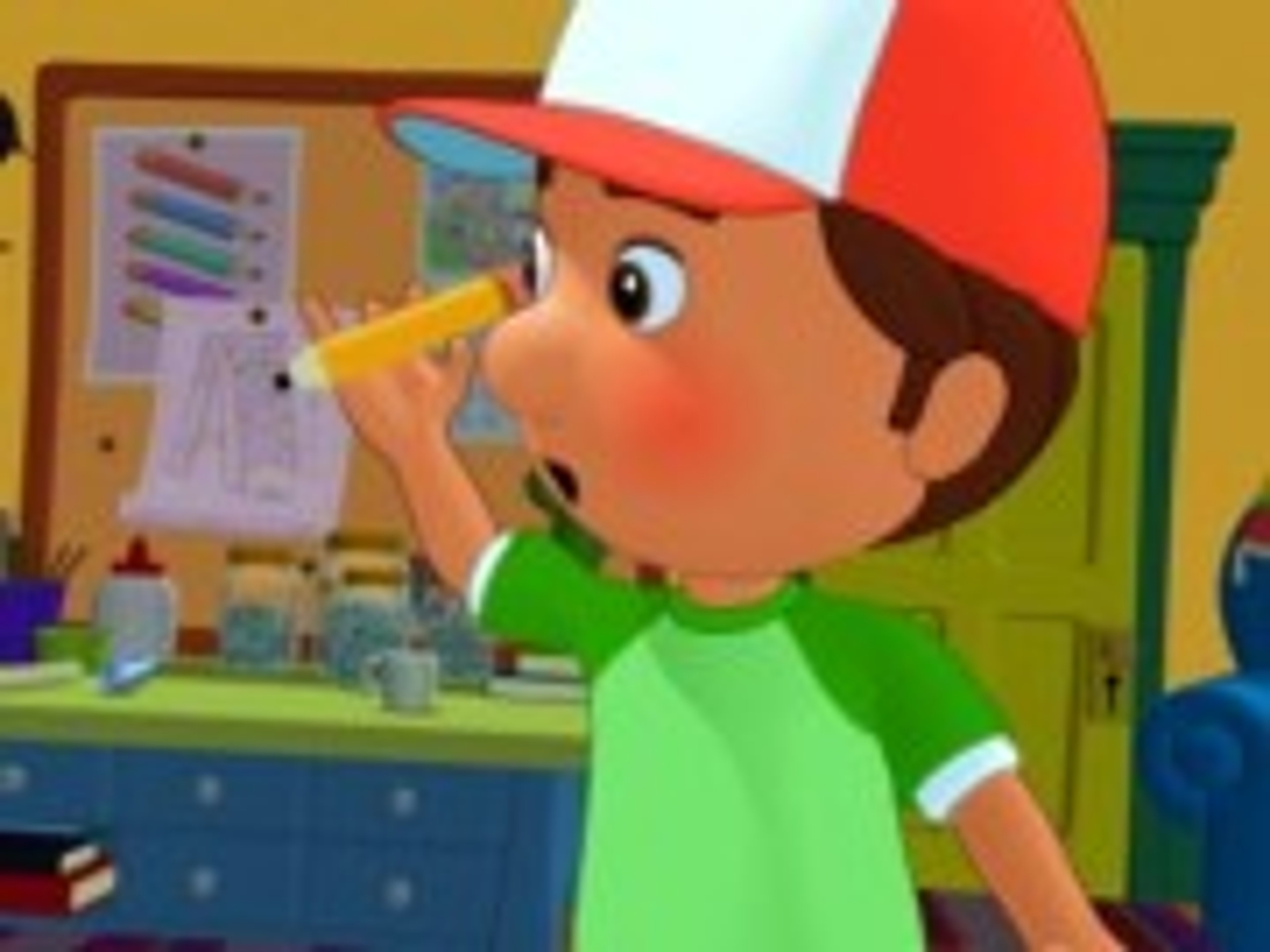 A cartoon character named Manny, a friendly Latino handyman with a red cap, green shirt, and yellow tool belt.