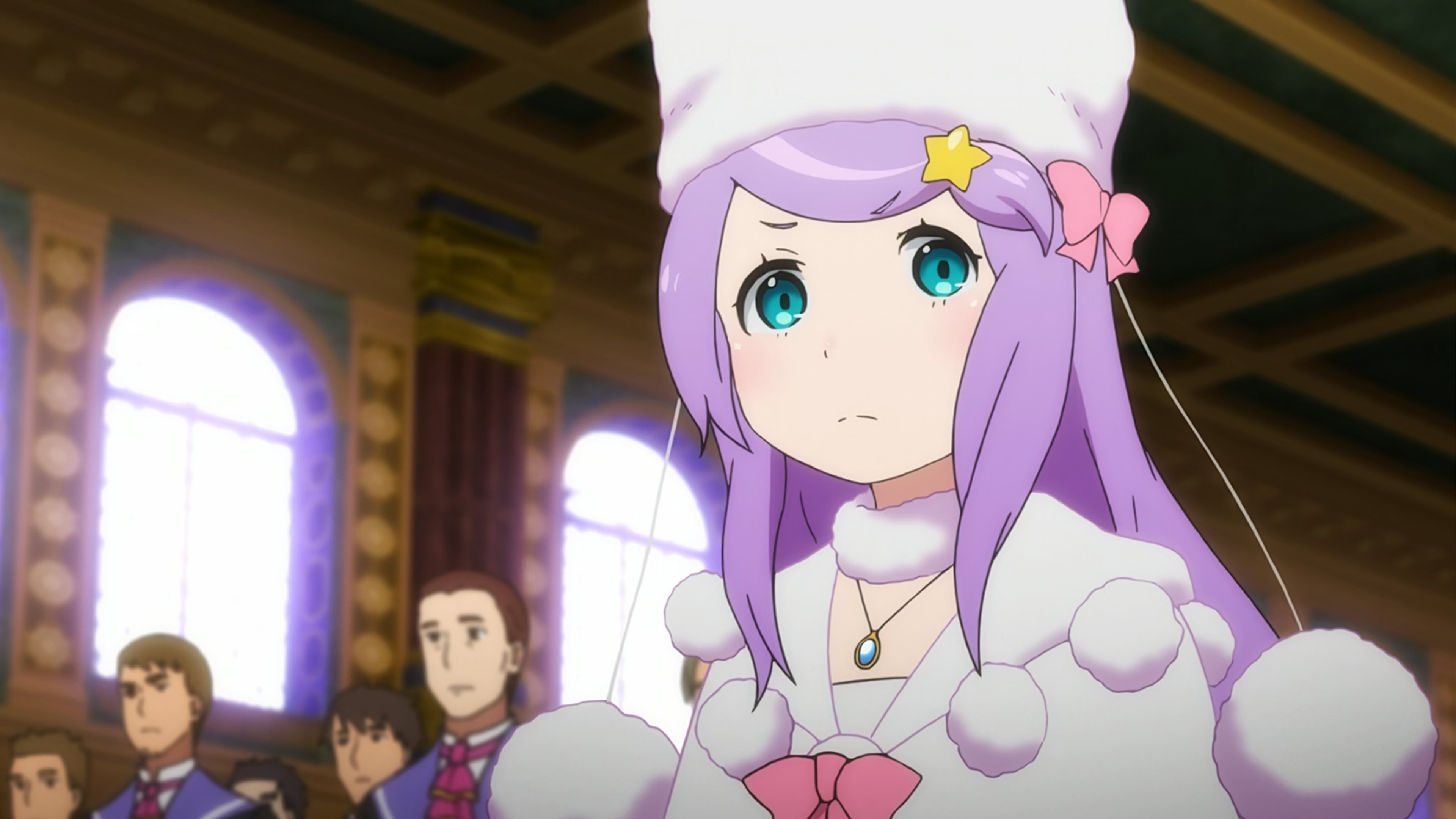 An anime-style character with long purple hair, blue-green eyes, and a cute appearance wearing a white chef's uniform with a bow.