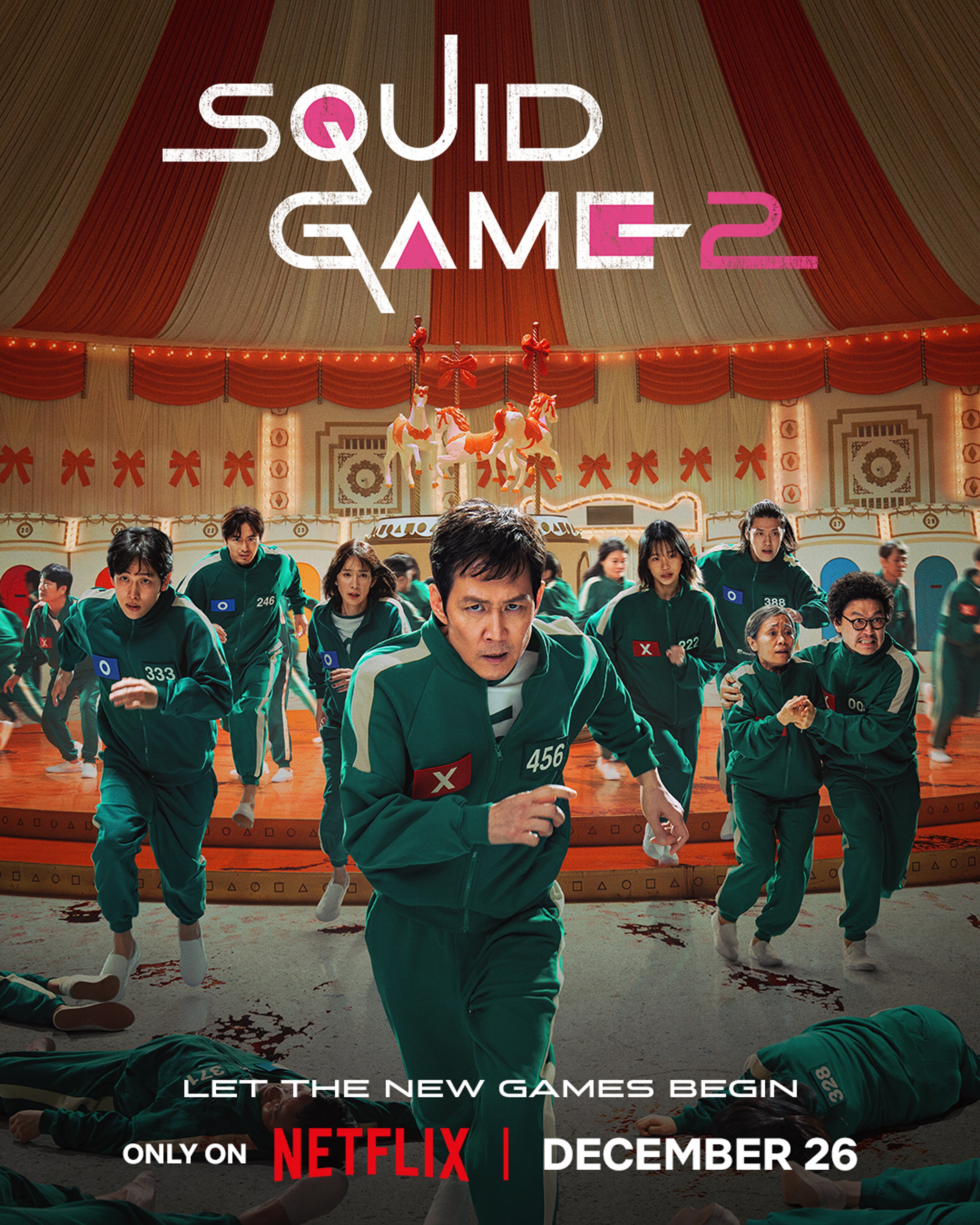 A group of people in green jumpsuits with number 456 on the back, with the main character Seong Gi-hun standing in the center.