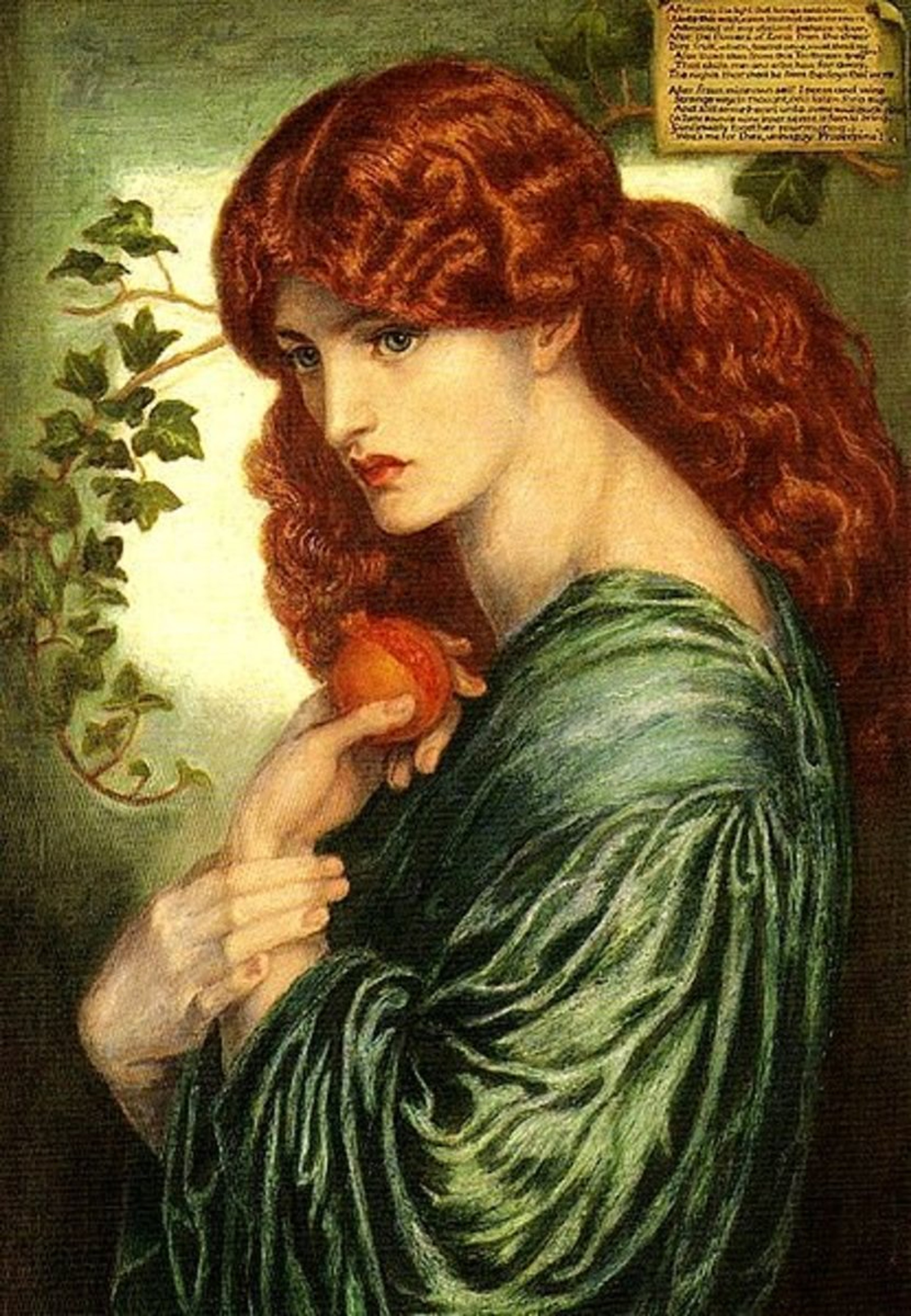 A woman with long, red hair in an elaborate updo, wearing a green dress in a natural setting.