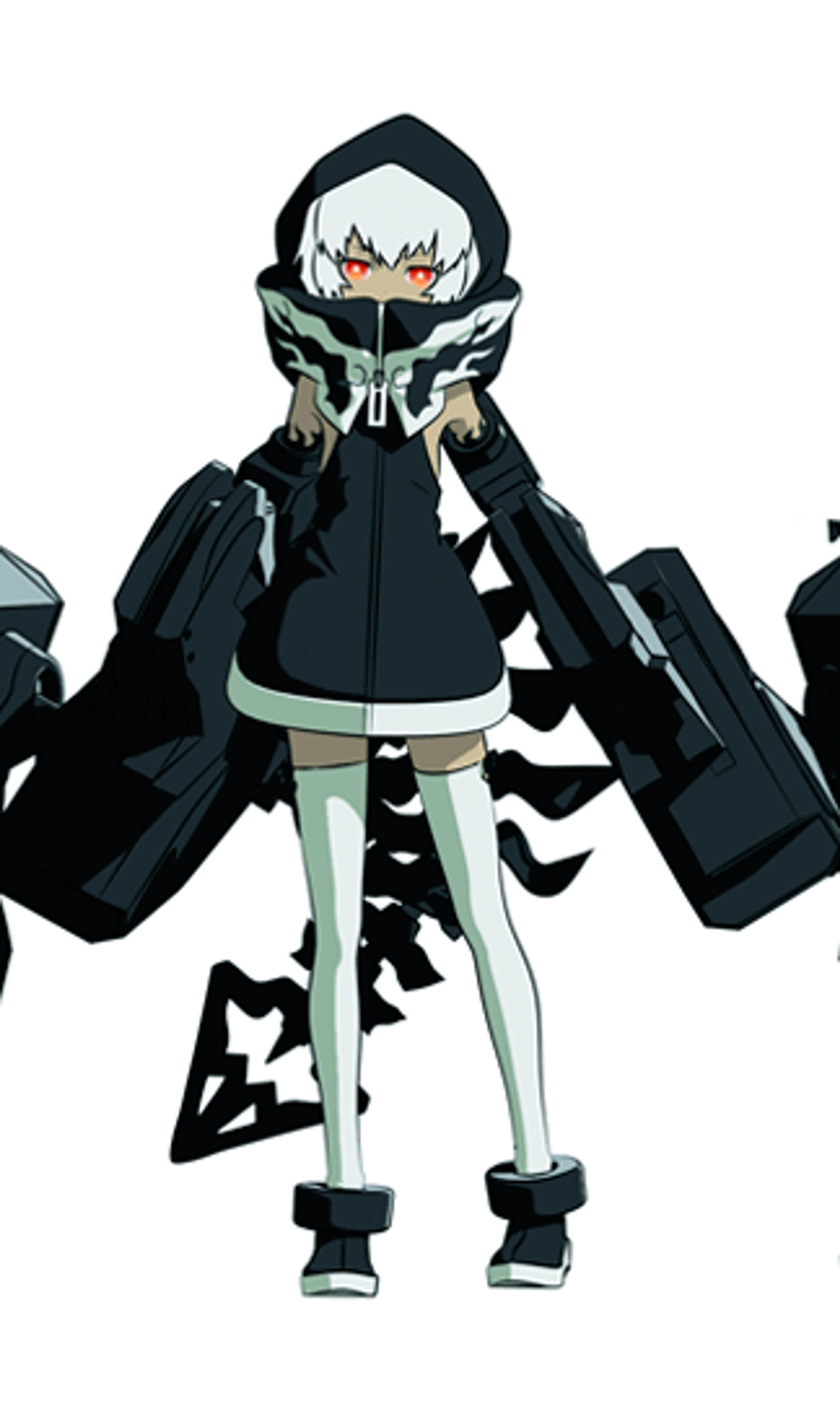 A female character with a mechanical, scorpion-like appearance wearing a black hooded outfit with glowing orange accents.